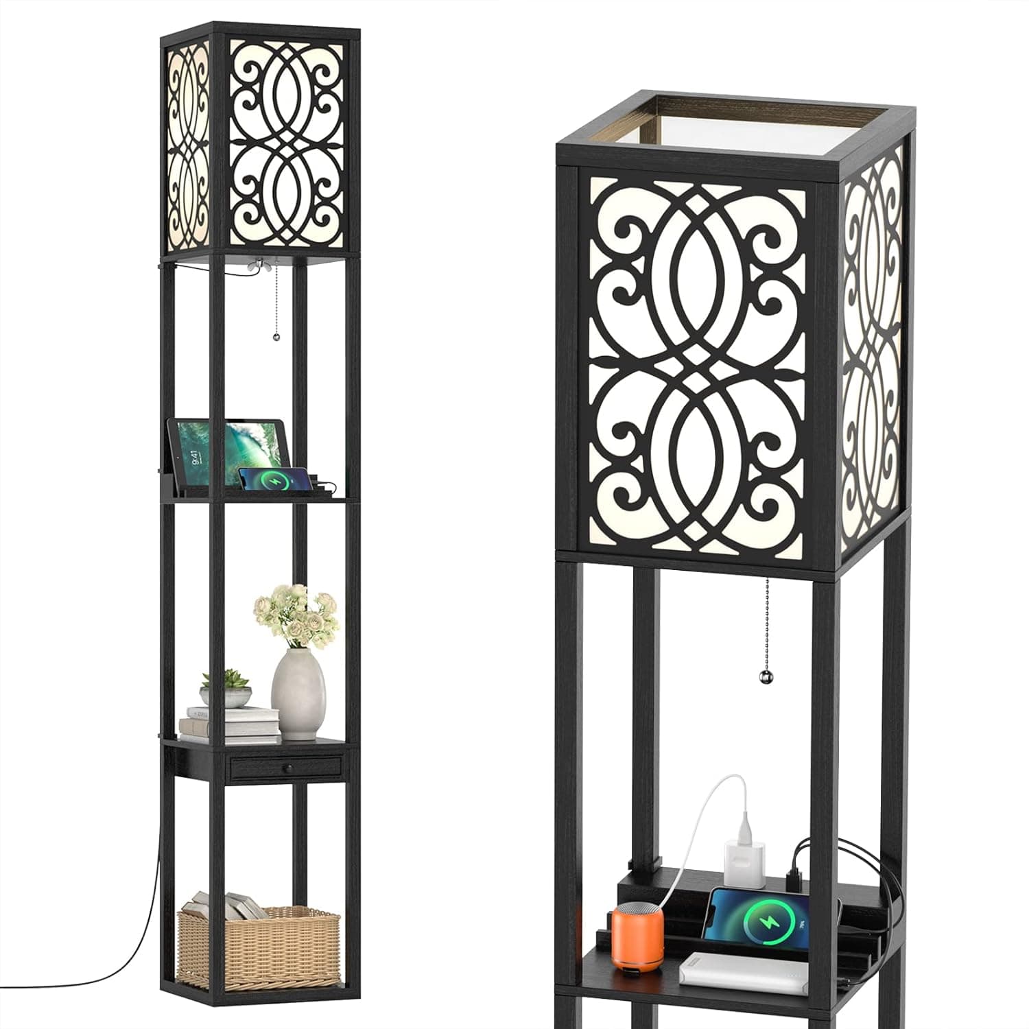 Tangkula Floor Lamp with Shelves and Drawer, Modern Shelf Floor Lamp with 1 Power Outlet and 2 USB Ports, Standing Floor Lamp for Living Room and Bedroom, Black (Carved)