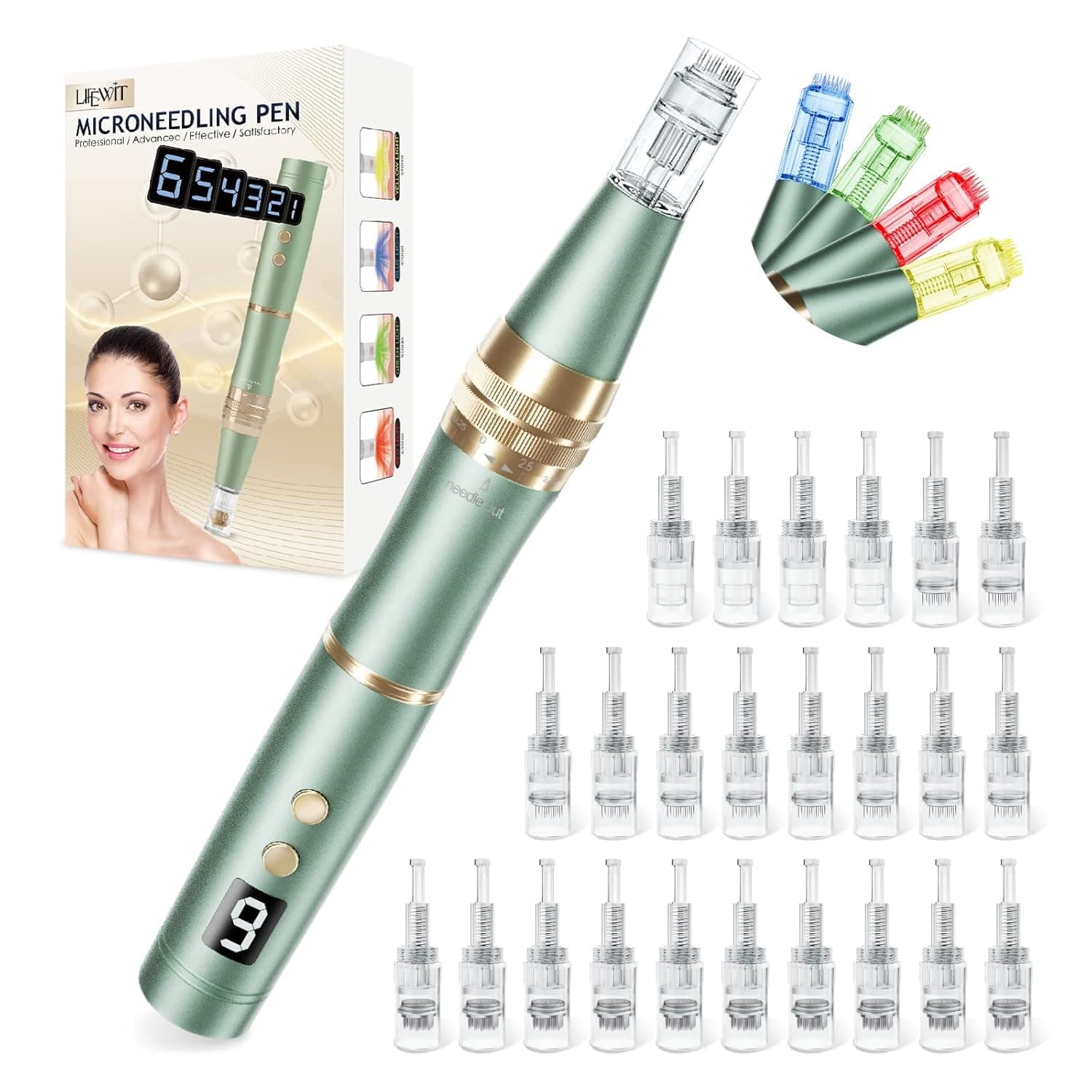 Microneedling Pen with 24 Replacement Cartridges, Electric Wireless Derma Pen Adjustable Professional Microneedle Dermapen Micro Needling Machine 10pcs x 12pin, 10pcs x 36pin, 4Pcs x Nano