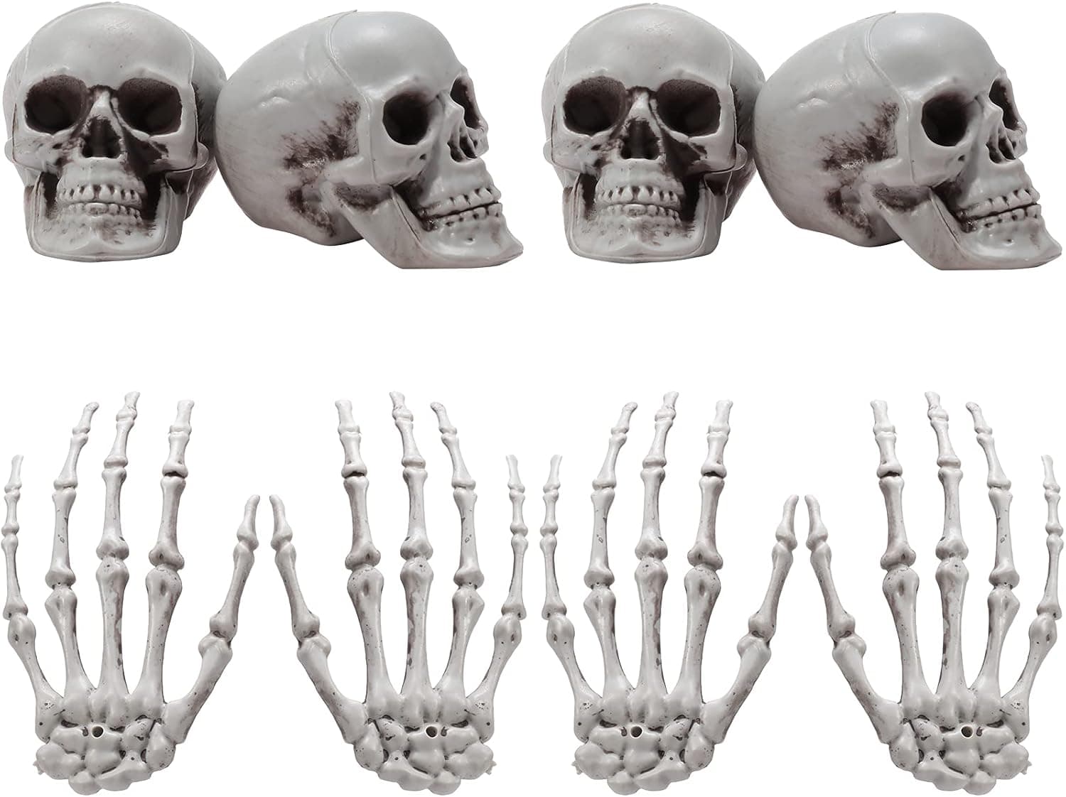 8 Pieces Halloween Decoration Set Includes 4 Halloween Mini Skulls Realistic Looking Skulls and 4 Skeleton Hands Plastic Fake Human Hands for Halloween Party Decoration