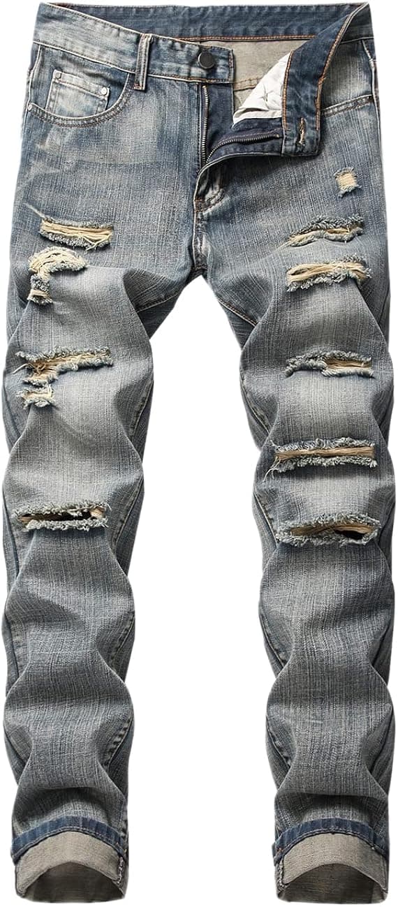 JOCAI Men's Ripped Slim Fit Biker Zipper Deco Jeans Straight Fit Jeans Pants