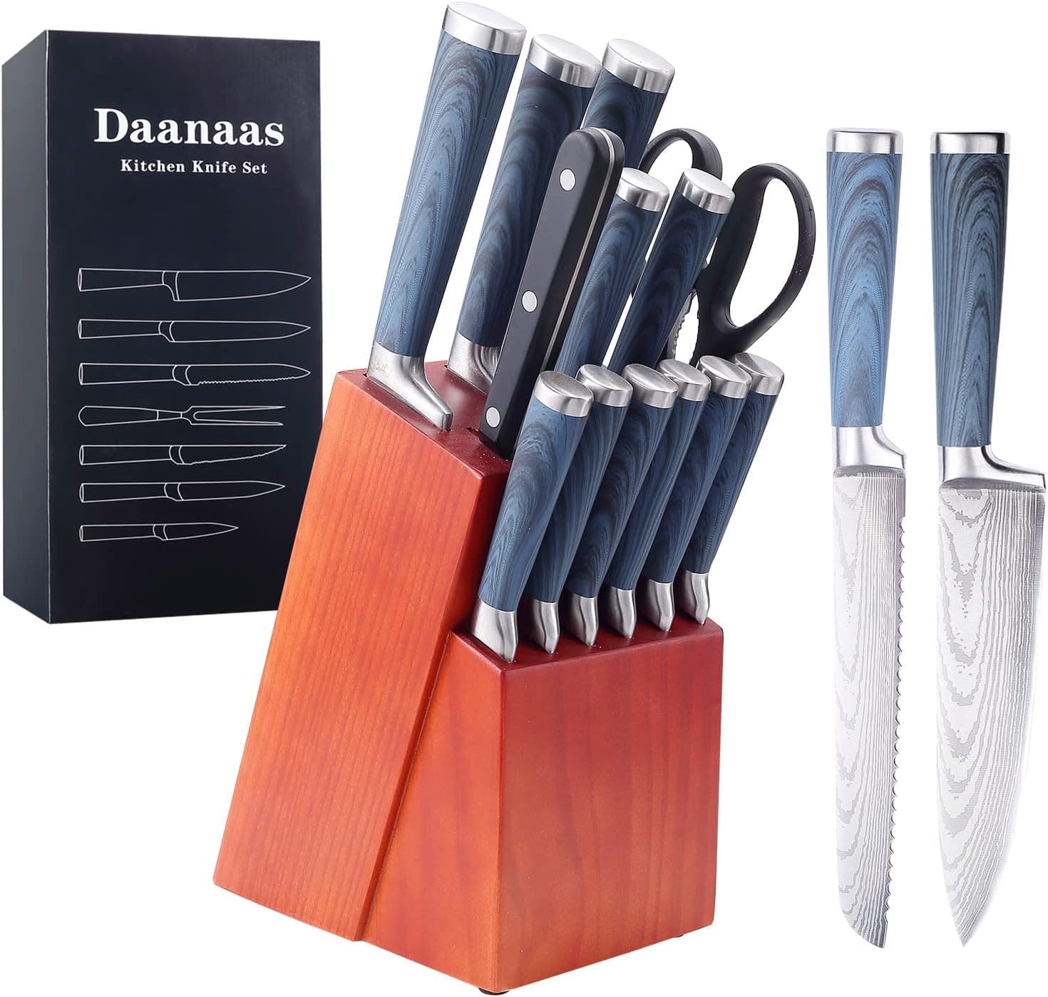 Daanaas Knife Set with Wooden Block and Sharpener 16 Pieces,Professional Chef Knife Sets with Steak Knives Knofe Set,Kitchen Knives Sets Full High Carbon Stainless Steel