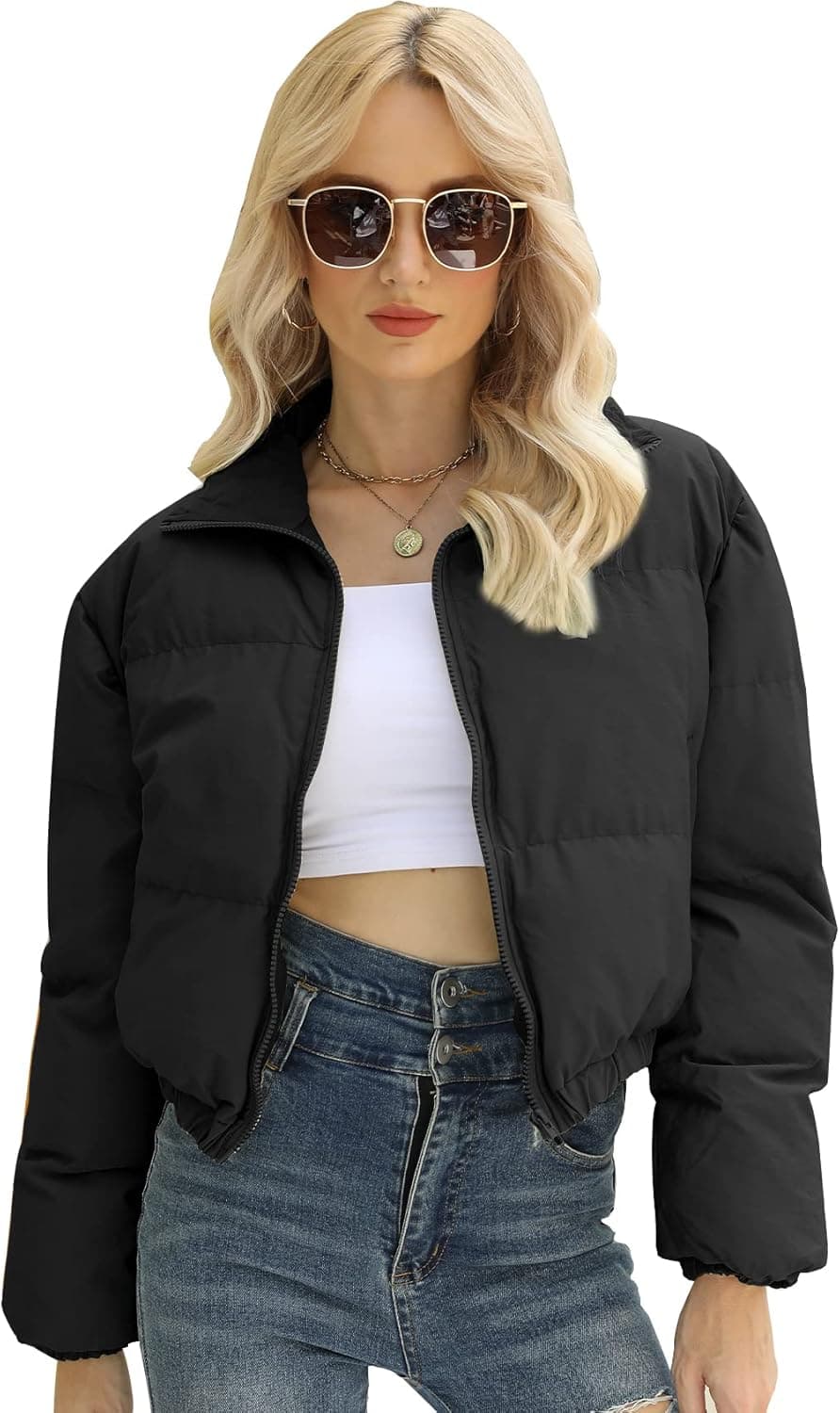 Yimoon Women's Casual Cropped Zip Up Puffer Jacket Winter Padded Bubble Coats