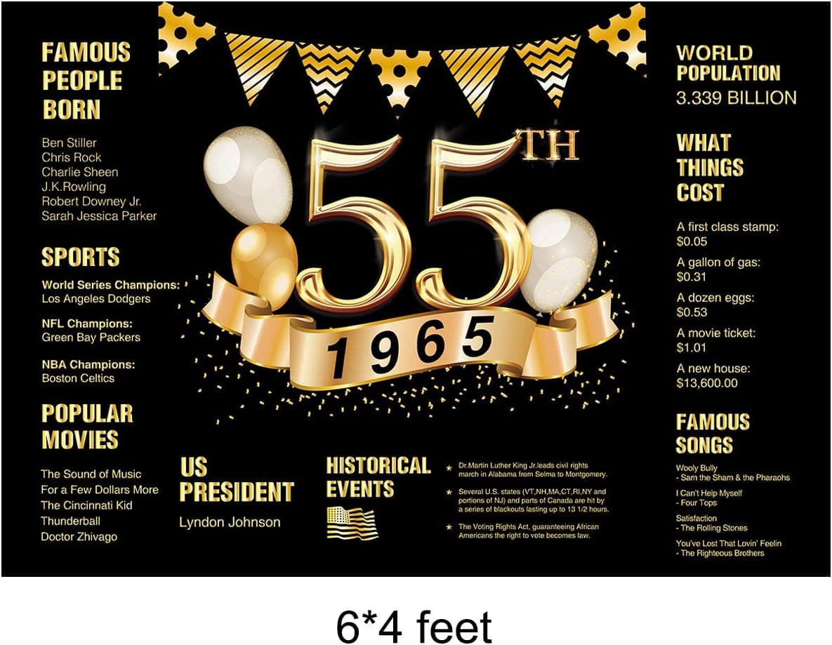 KU-DaYi 55th Birthday Photography Backdrop, 55th Anniversary Photography Backdrop Decorations, 1965 Cloth Background Sign Banner, 55th Birthday Photo Booth Party Supplies (Black)