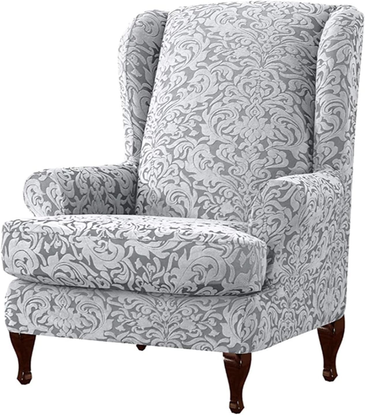 3D Jacquard Damask Wing Chair Cover Stretch 2-Piece Wing Chair Slipcover, Wingback Chair Cover, Form Fit for Furniture Protector in Living Room -Grey A