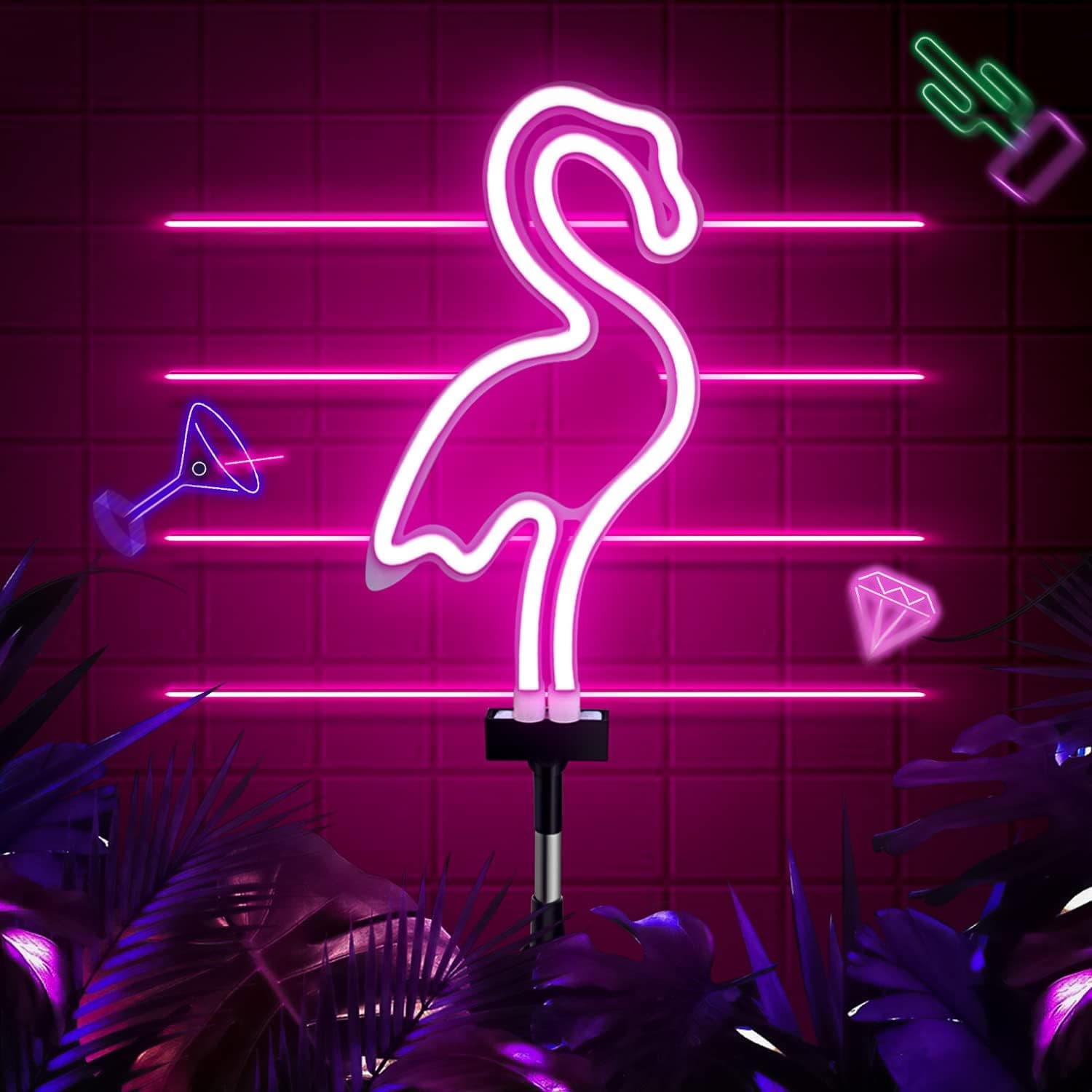 X-PREK 2 Pack Solar Garden Lights Outdoor Decorative,Waterproof Neon Flamingo Stake Light for Yard Patio Pathway Lawn Decor