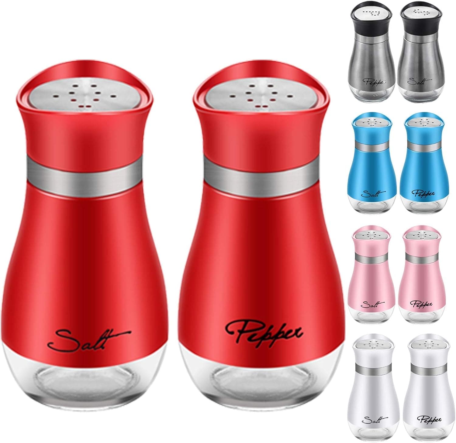 2 Pack Cute Salt and Pepper Shakers Stainless Steel Glass Bottom Spice Dispenser Sea Salt Sugar Shaker Refillable Pepper Shaker Seasoning Cans (Old Red)