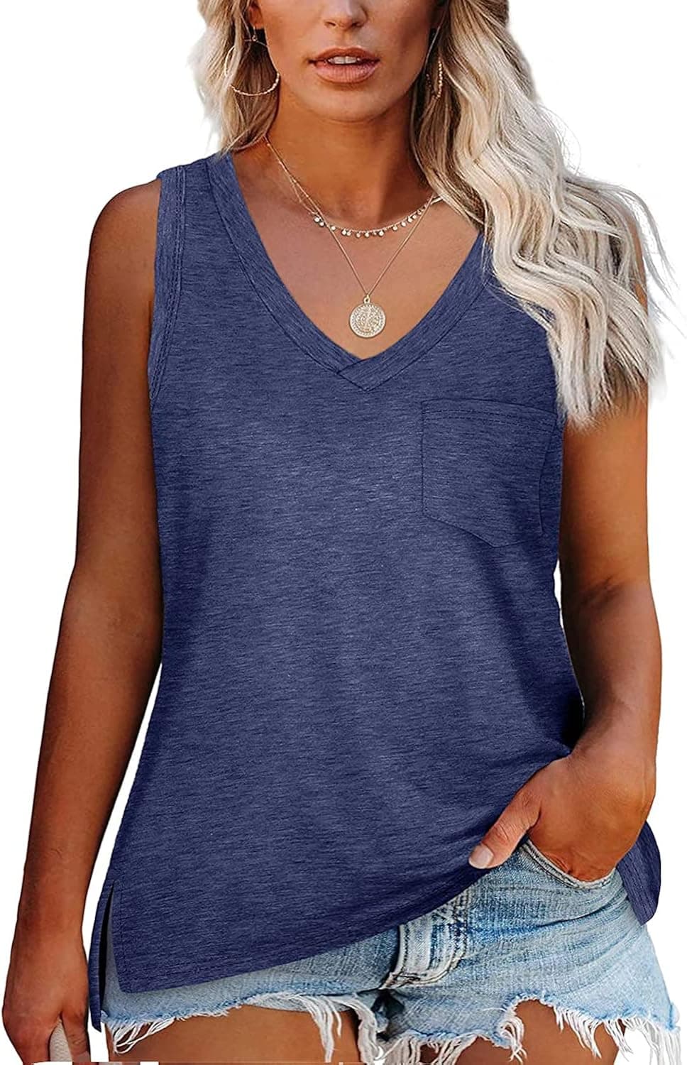 Women's Plus Size V Neck Tank Tops Summer Sleeveless Tee Shirts Side Split Loose Fit Tops with Pocket