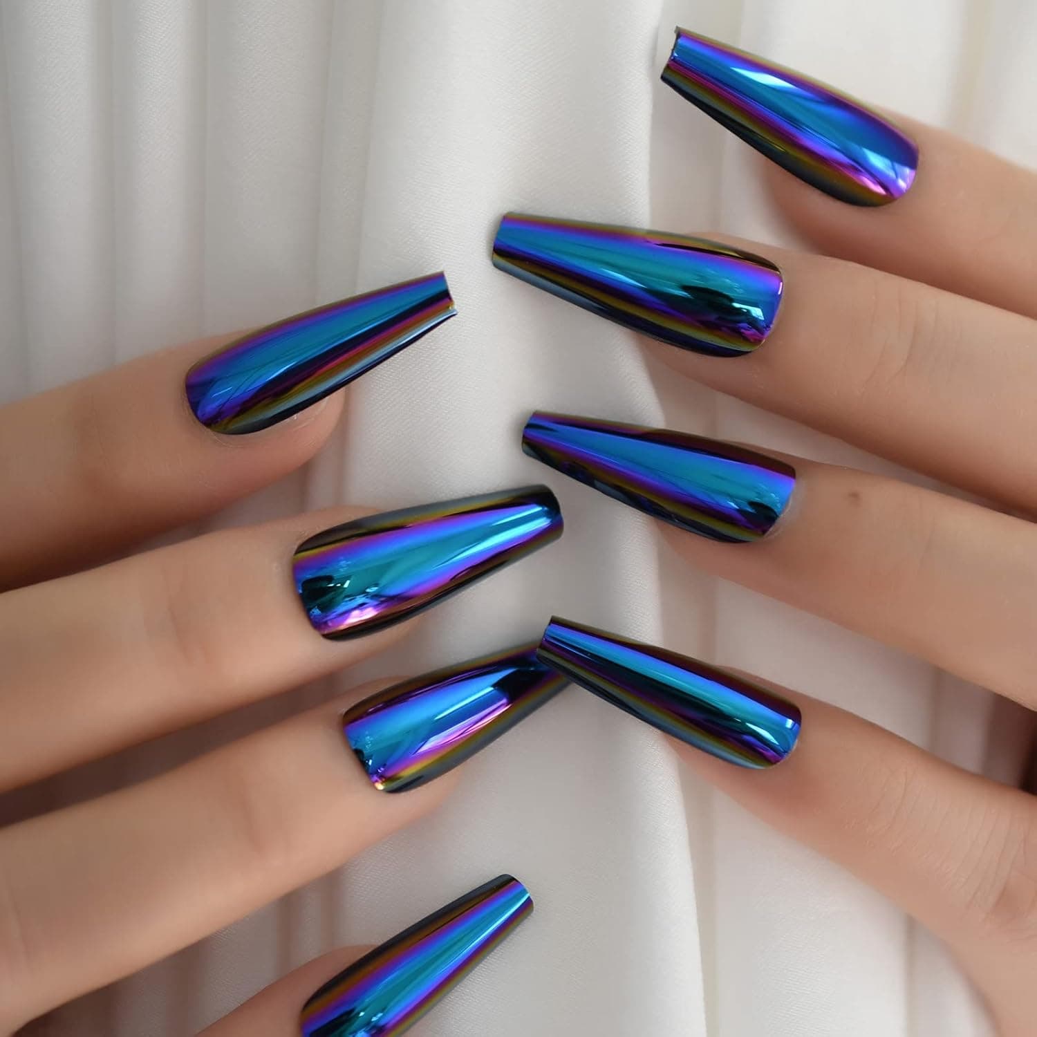 Blue Chrome Press On Nails Metallic Mirror Coffin Aurora Fake Nails Extra Long Ladies Nail Art Designs For Fingertips