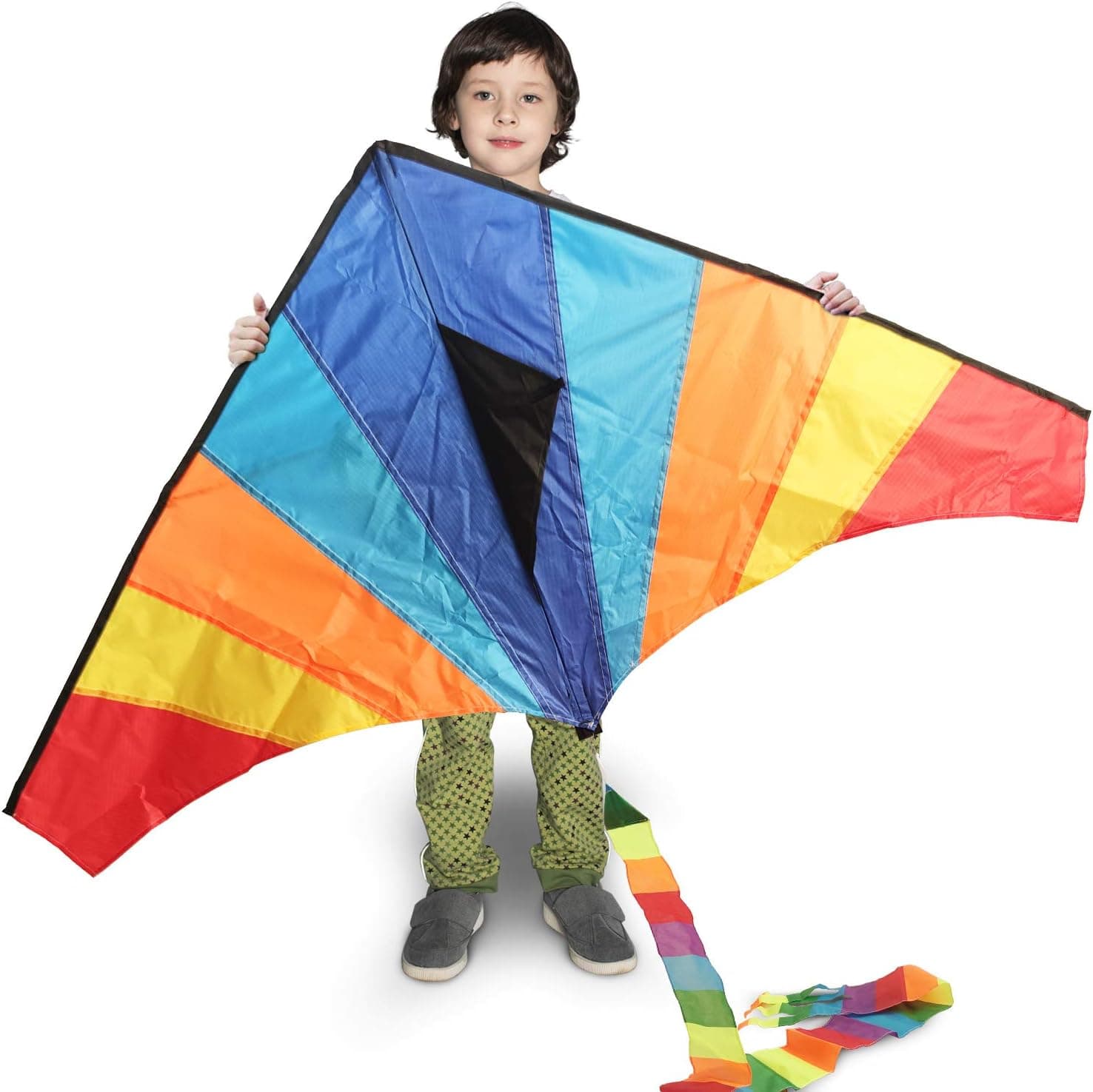 NAMOTEK Large Delta Rainbow Kite for Kids ,300ft Kite String & Handle-Easy to Assemble & Fly,Outdoor Games …