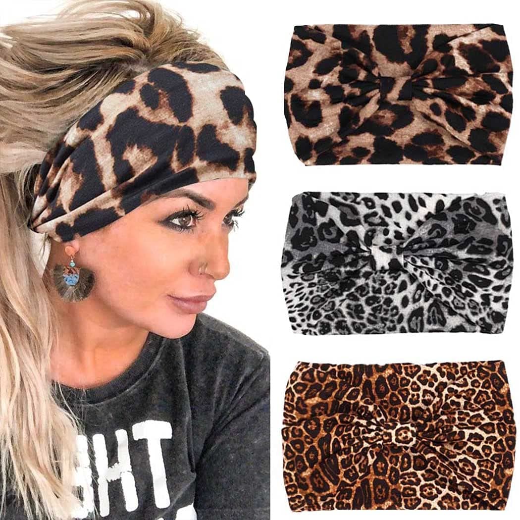 Favelo Boho Knot Headbands Wide Leopard Printed Head Wraps Stretch Tie Dye Criss Cross Hair Bands Fabric Cotton Head Band Turban Bandeau for Women and Girls (Pack of 3) (Style11)