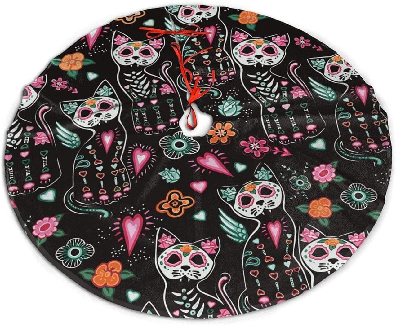 Dead Cat Kitten Sugar Skull Christmas Tree Skirt Mat Decorations 48 Inches for Indoor Outdoor Holiday Xmas Party Gifts