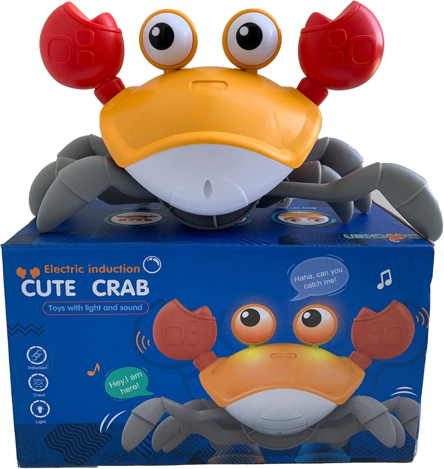 HUT Crawling Crab Baby Toy with Light Up for Kids Toddlers, Musical Toy with Automatically Avoid Obstacles, Sensory Walking Crab Toy for Kids , Tummy Time Crab Pet Toy Gift (Orange)