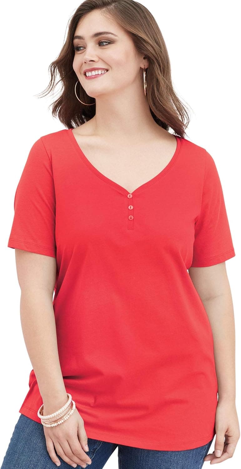 Roamans Women's Plus Size Short-Sleeve Sweetheart Ultimate Tee T-Shirt - 1X, Coral Red