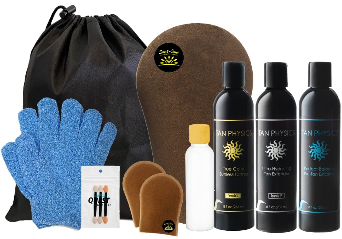 Tan Physics (13pc Deluxe Bundle) Tan Physics True Color Sunless Tanner, Pre-Tan Exfoliator, & Tan Extender- plus ALL tanning essentials - Travel Bag & Bottle, Exfoliation Glove, Mitt & Applicators