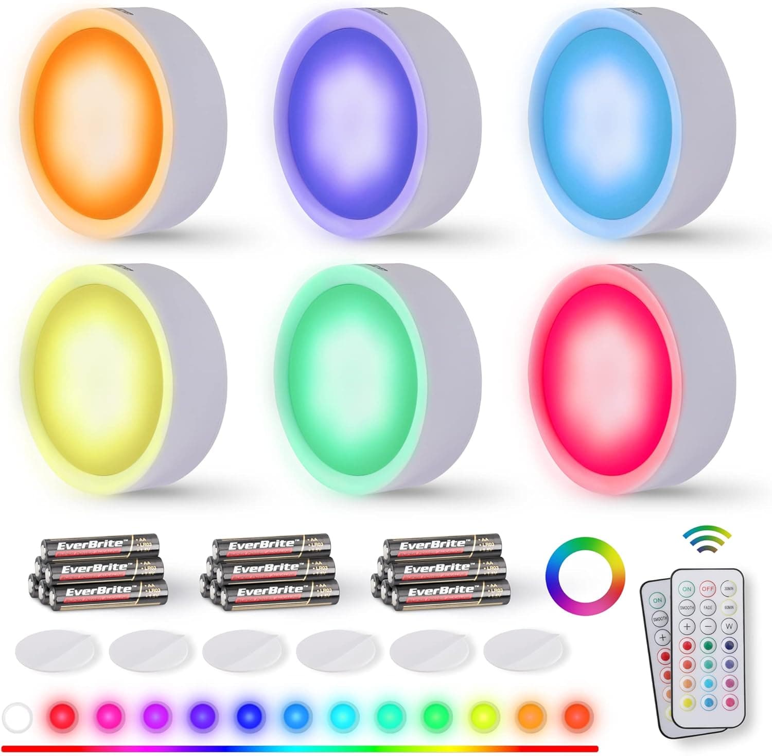 EverBrite Puck Lights with Remote, Wireless LED Puck Lights Battery Operated, 13 RGB Colors Changing Under Cabinet Lights, Dimmable Closet Lights with Timer, Battery Included (6-Pack)