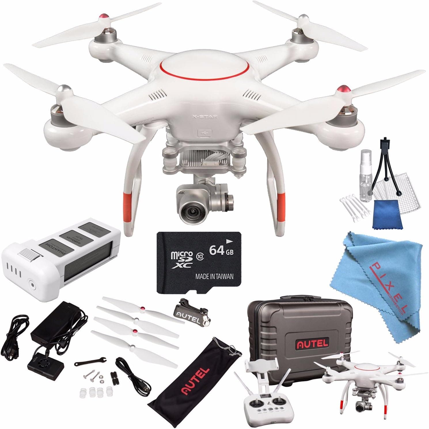 Enter The Arena Autel Robotics X-Star Premium Quadcopter with 4K Camera and 3-Axis Gimbal (White) + 64GB microSDXC + Deluxe Cleaning Kit + Fibercloth Bundle