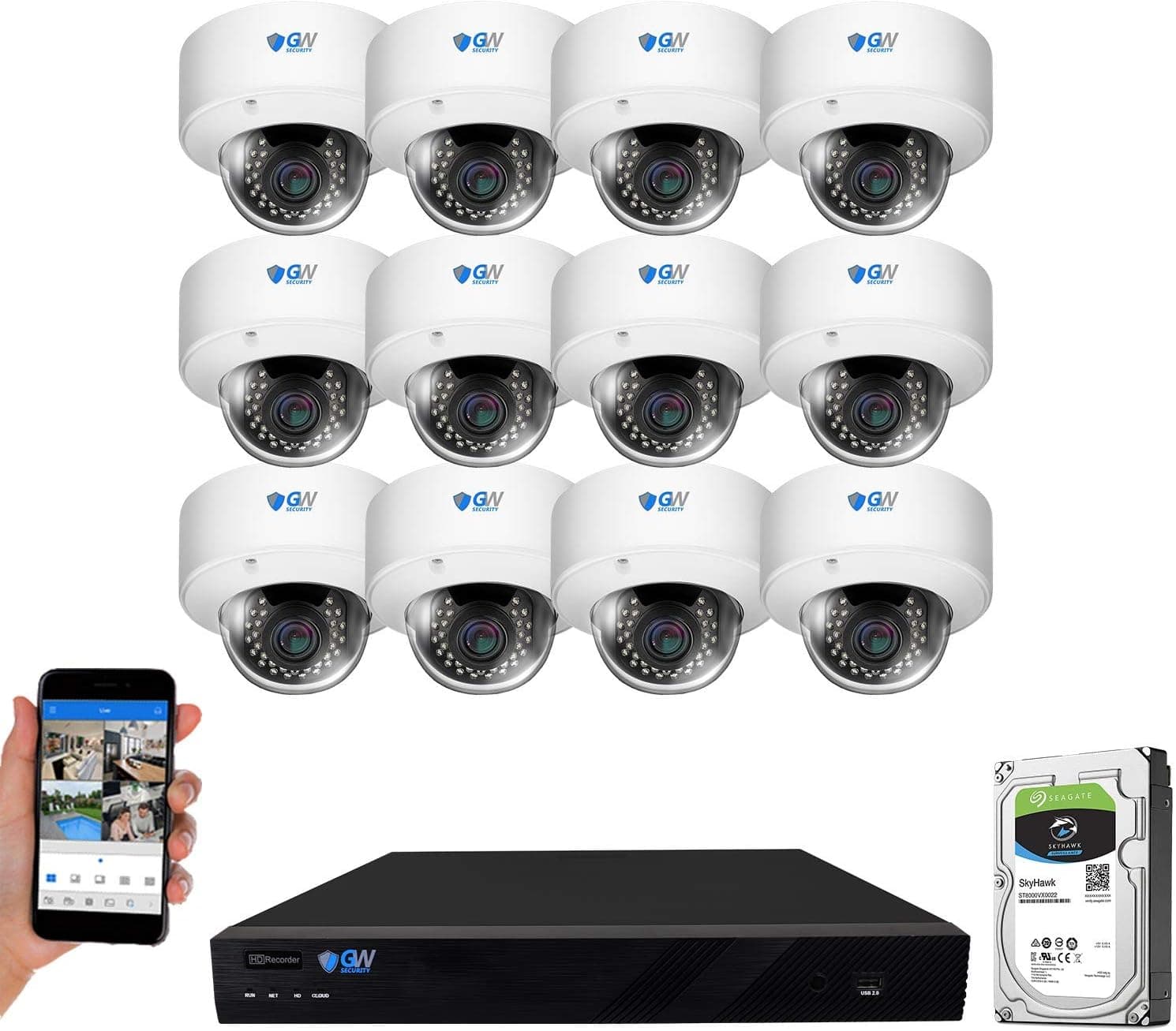 GW Security 16 Channel 4K NVR 5MP H.265 AI Human Detection Security Camera System - 12 x Dome 5MP 1920P Weatherproof 2.8-12mm Varifocal Zoom IP Microphone PoE Cameras, Pre-Installed 4TB Hard Drive