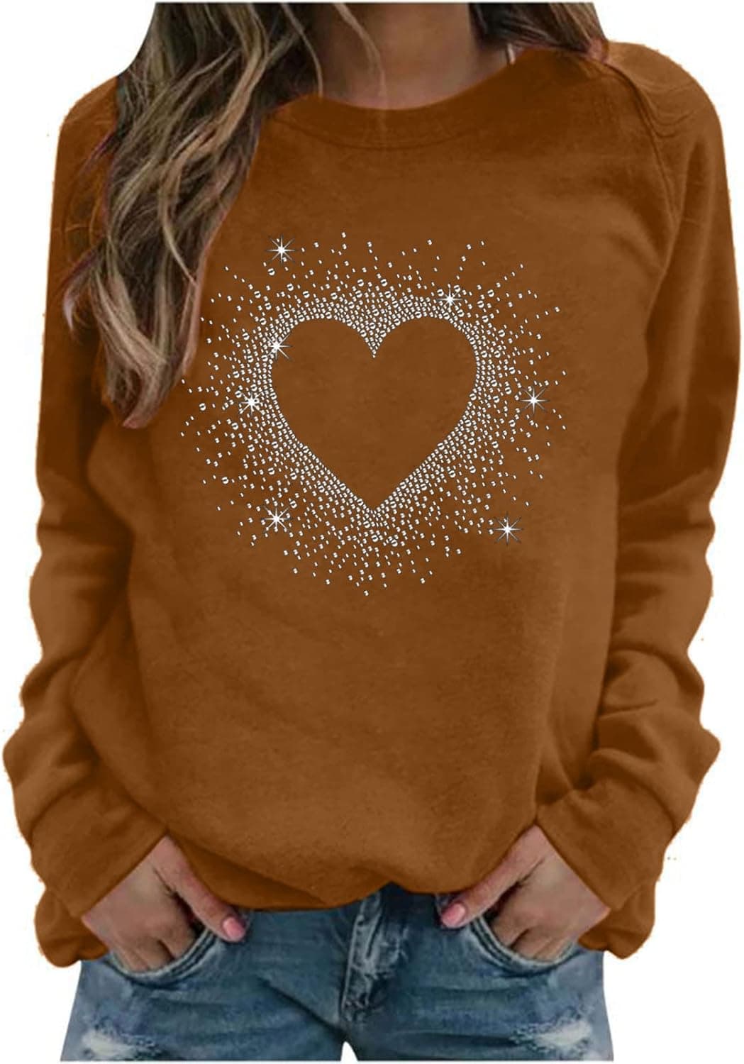 Wirziis Long Sleeve Tee Shirts for Women Casual Fall Sequin Heart Round Neck Swearshirt Trendy Pullover Tops Workout Tees