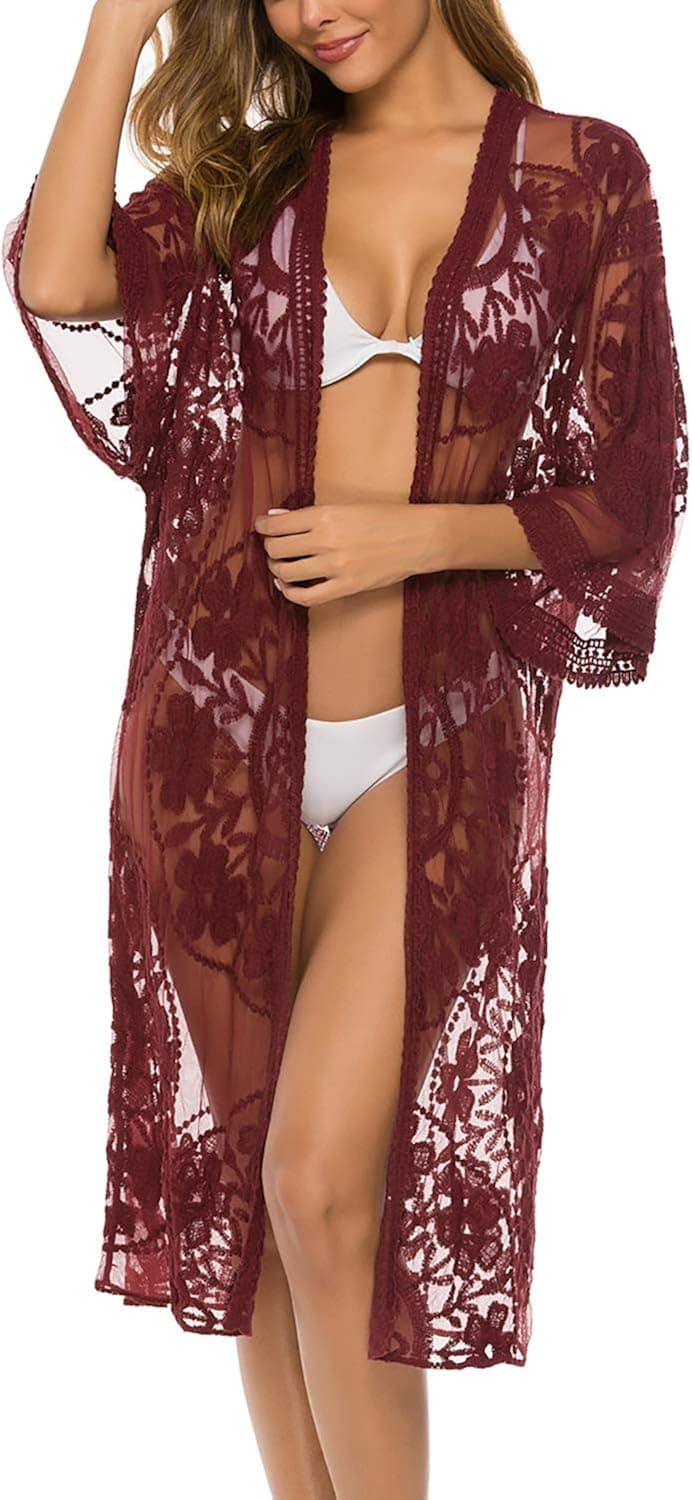 FaroDor Women's Flowy Bathing Suit Kimono Cardigan Lace Crochet Swimwear Floral Cover Ups