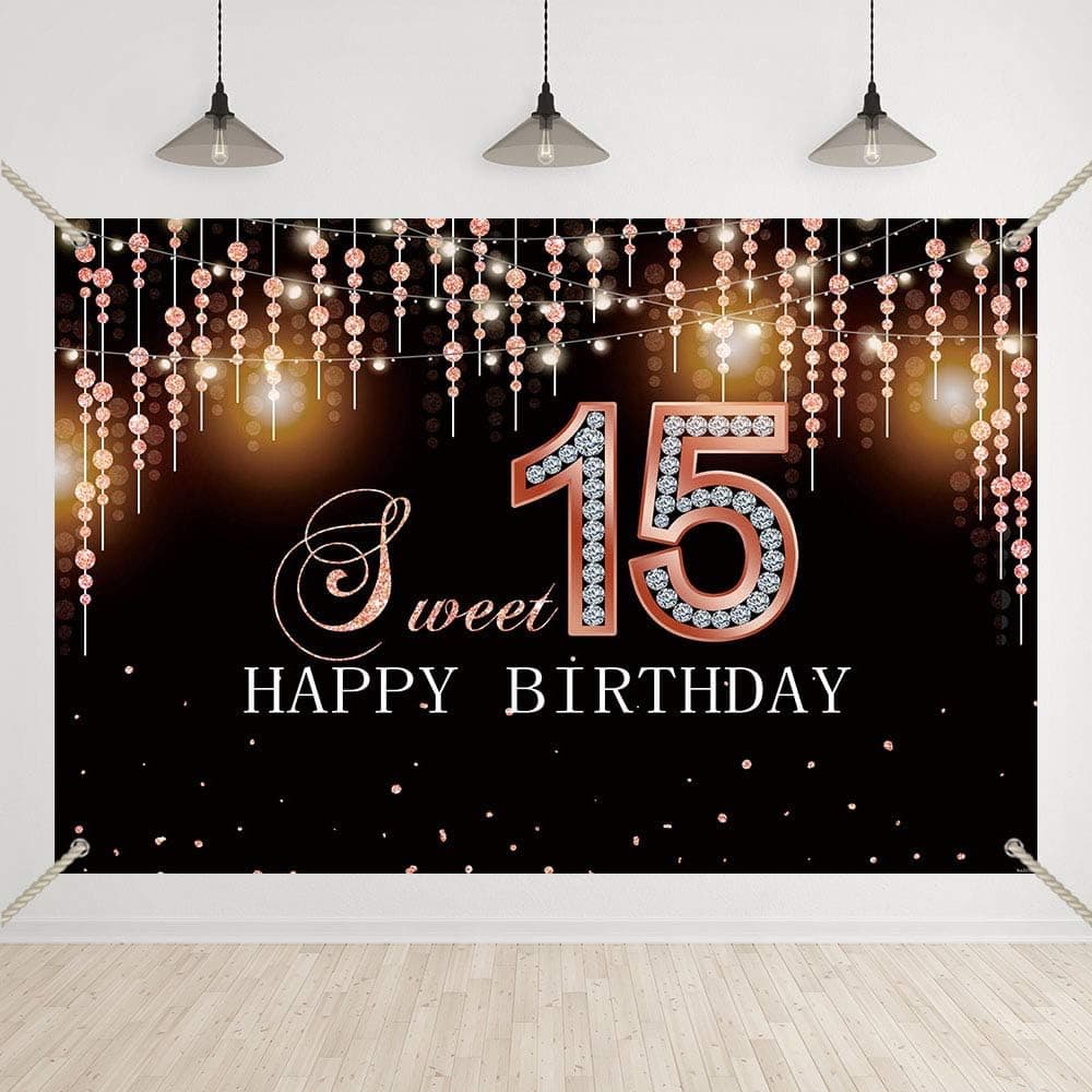 Bellimas Black and Pink Happy 15th Birthday Backdrop Girls Her Sweet 15 Birthday Party Photography Cake Table Fifteen Birthday Background Banner with Copper Grommets