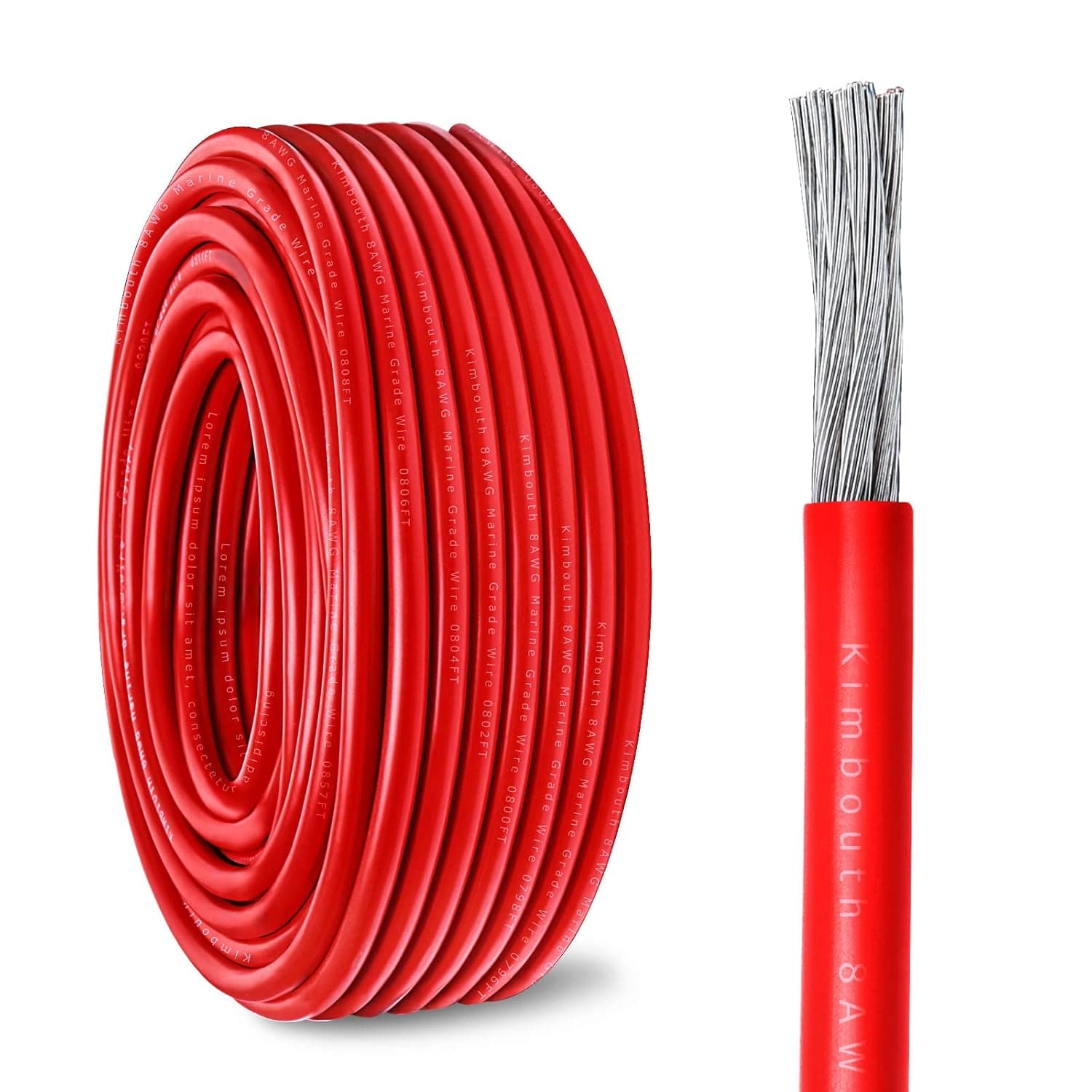 Kimbluth 8 Gauge Marine Wire Tinned Copper Boat Cable, Standard USA OFC Oxygen Free Copper Wire for Automotive Boat Speakers Solar Outdoors (8 Gauge, 30FT Red)