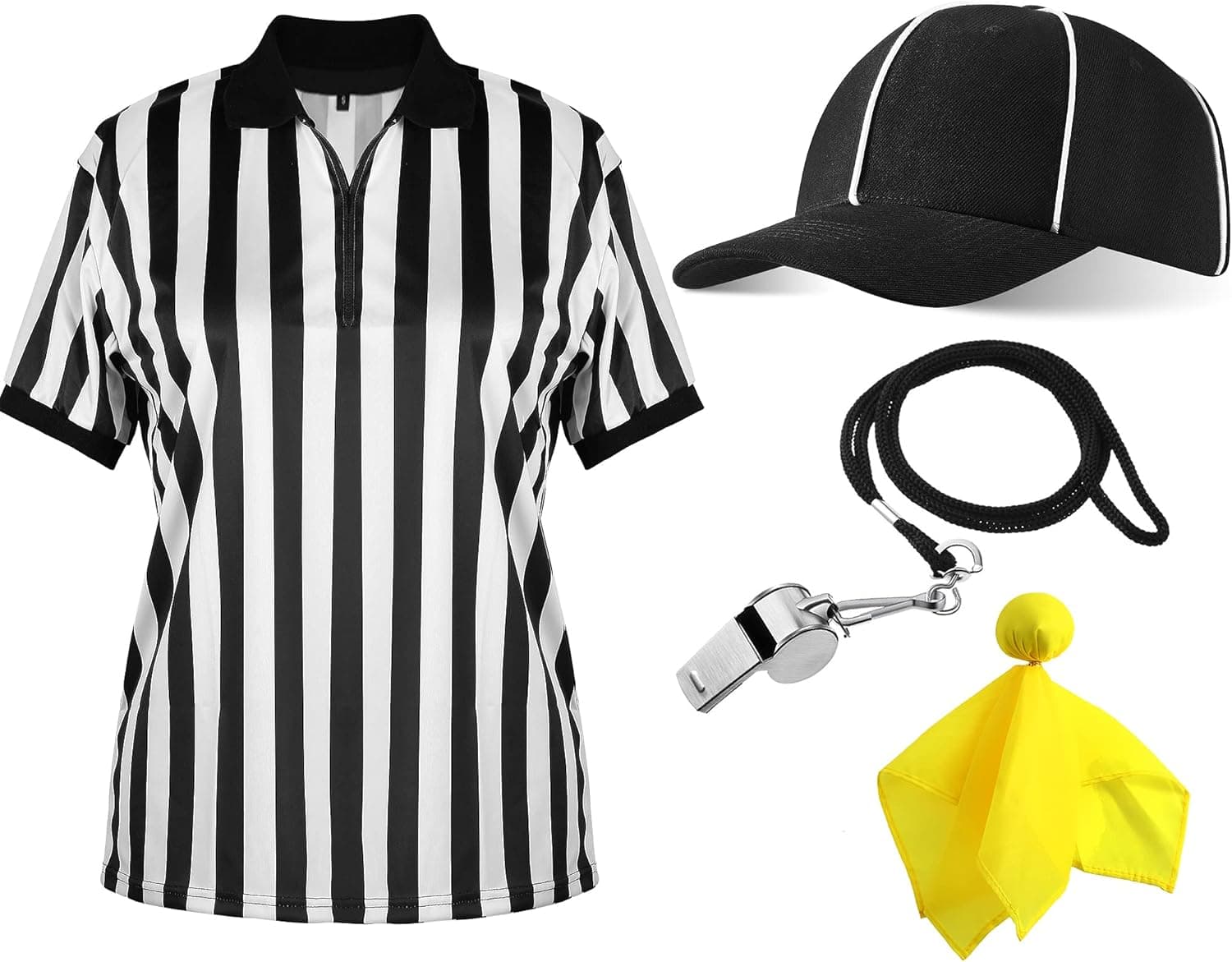 Geyoga 4 Pcs Men's Official Referee Costume Set Black & White Stripe Referee Zipper Collar Shirt Official Referee Hat Stainless Whistle with Lanyard Yellow Penalty Flag for Halloween Cosplay