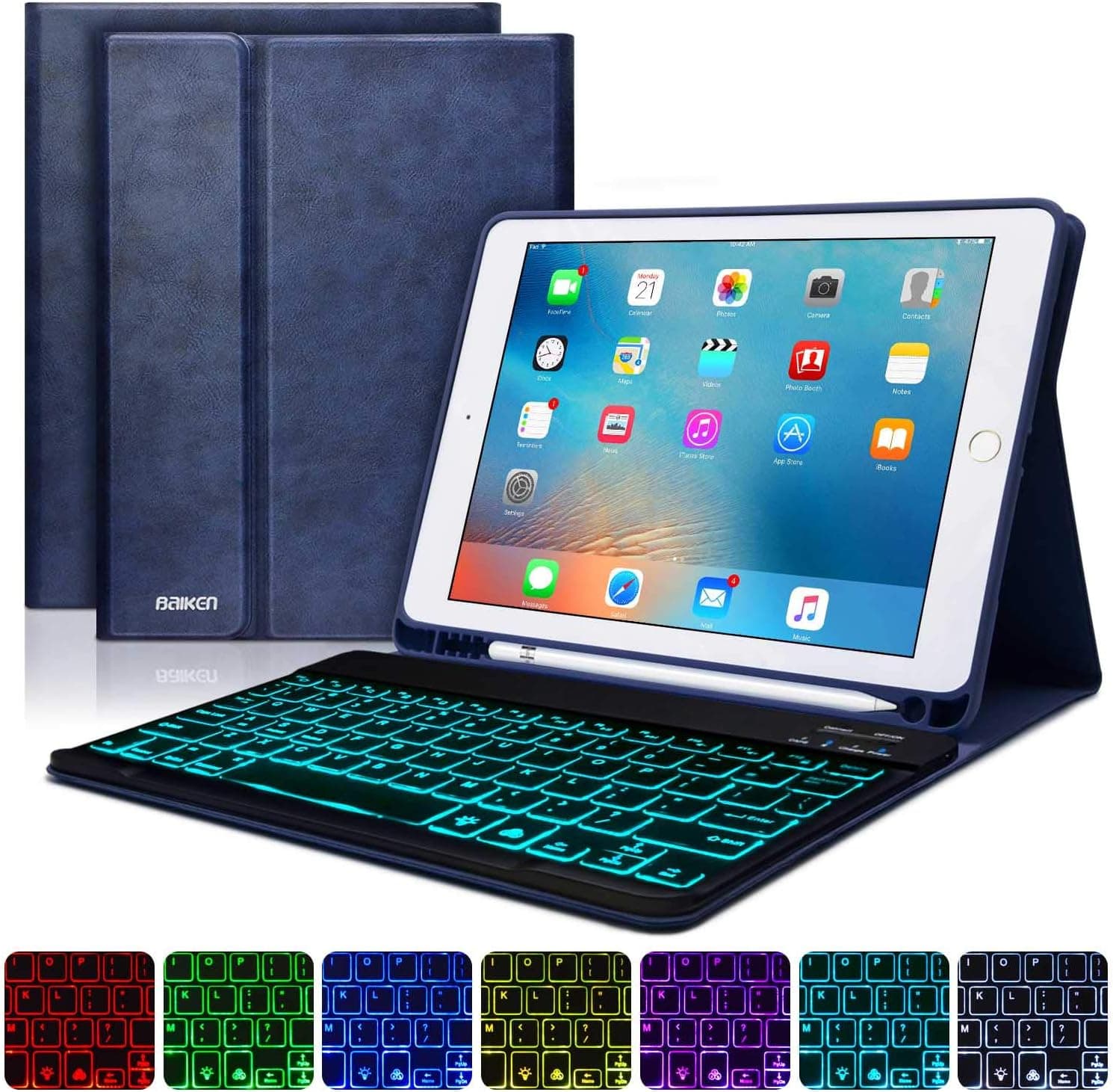iPad 9.7 Case with Keyboard for iPad Air 2th Gen,iPad 2018 6th Gen,iPad 5th Gen 2017,iPad Pro 9.7,iPad Air 1st Gen,Detachable Keyboard, Pencil Holder（Blue）