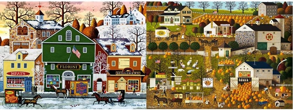 Buffalo Games - Charles Wysocki - Meats, Flowers, Hats - 1000 Piece Jigsaw Puzzle and - Charles Wysocki - Bread & Butter Farms - 1000 Piece Jigsaw Puzzle
