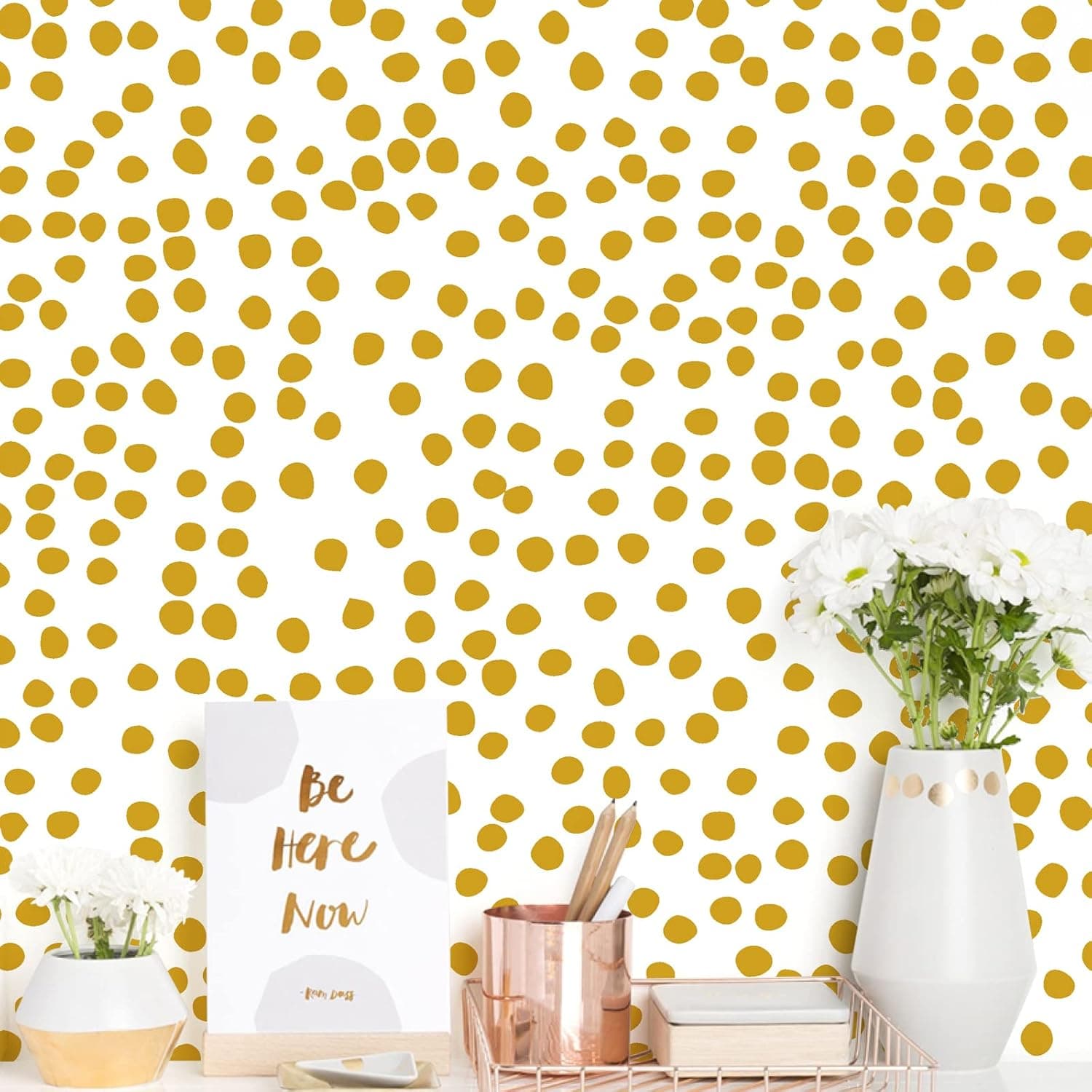 Jeweluck Yellow and White Wallpaper Peel and Stick Wallpaper Dot Contact Paper 17.7inch × 393.7inch Polka Dot Wallpaper Modern Removable Wallpaper for Bathroom Self Adhesive Decorative Wall Paper