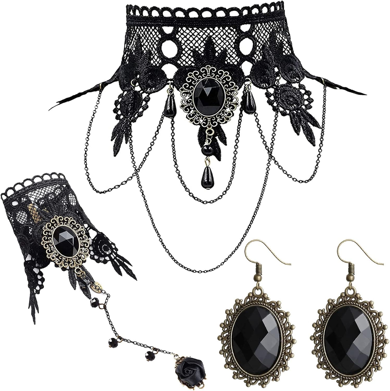 maikun Black Lace Choker Necklace Halloween Costume Jewelry Set with Bracelet Earrings, Punk Party Gothic Lolita Vintage Retro Bracelet Wristband for Women