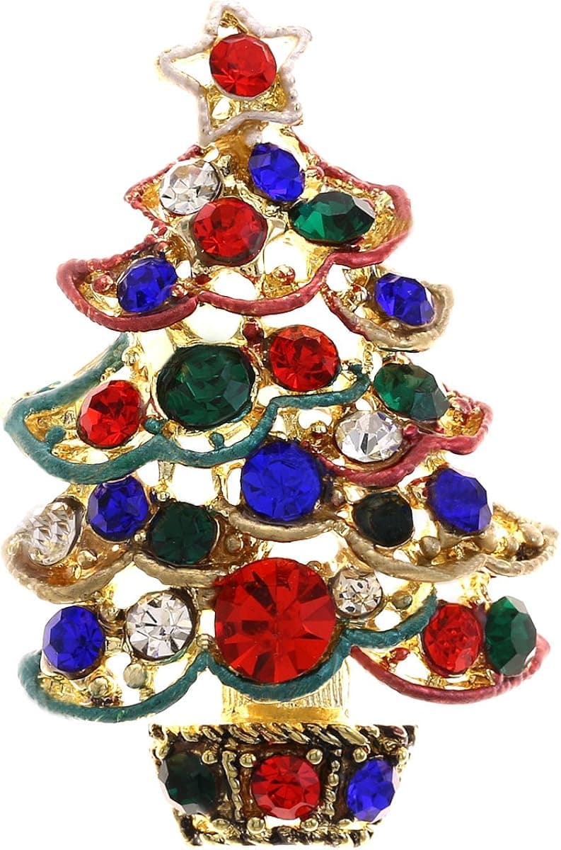 Soulbreezecollection Colorful Ornaments Christmas Tree Brooch Pin Multicolor Rhinestone