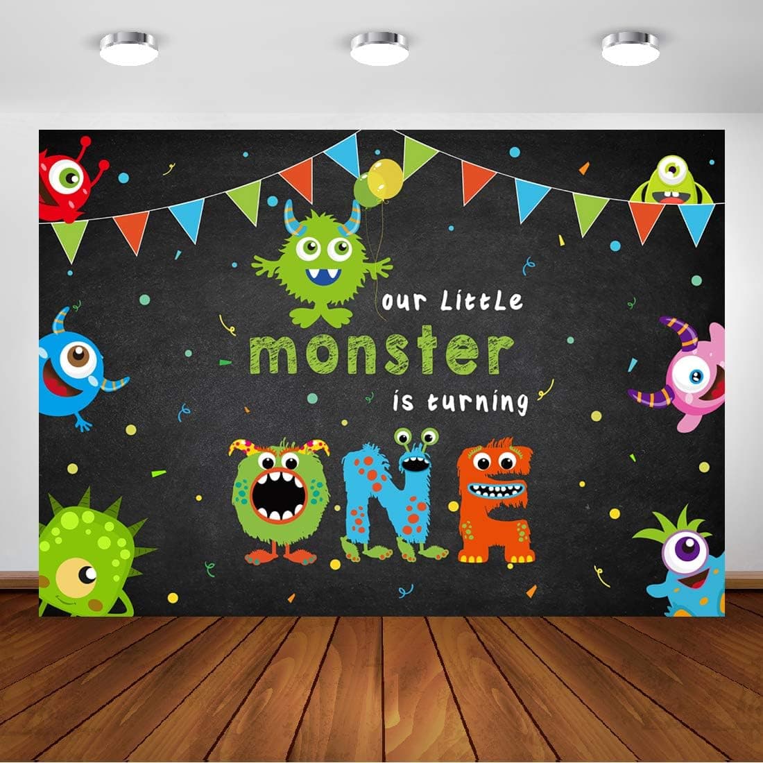Aperturee Our Little Monster Backdrop Baby Shower is Turing One Kids First 1st Birthday Party Decoration Boy Girl is On The Way Welcome Party Cake Table Banner 7x5ft Background Photo Booth Props