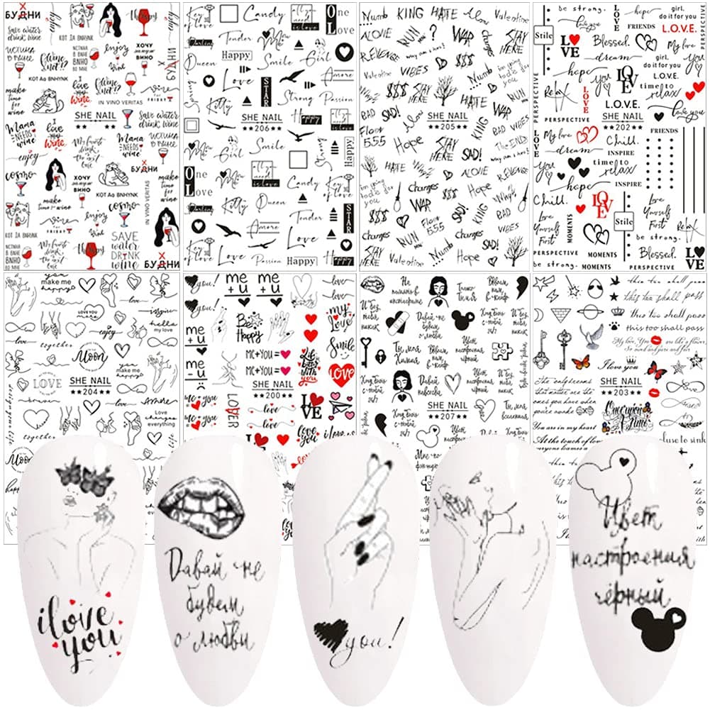 Letter Nail Art Stickers, Alphabet Nail Decals Designer Nail Art Supplies 3D Self-Adhesive English Letters Words Design Love Foil Heart Manicure Tips Nail Decoration for Women Girls 8 Sheets