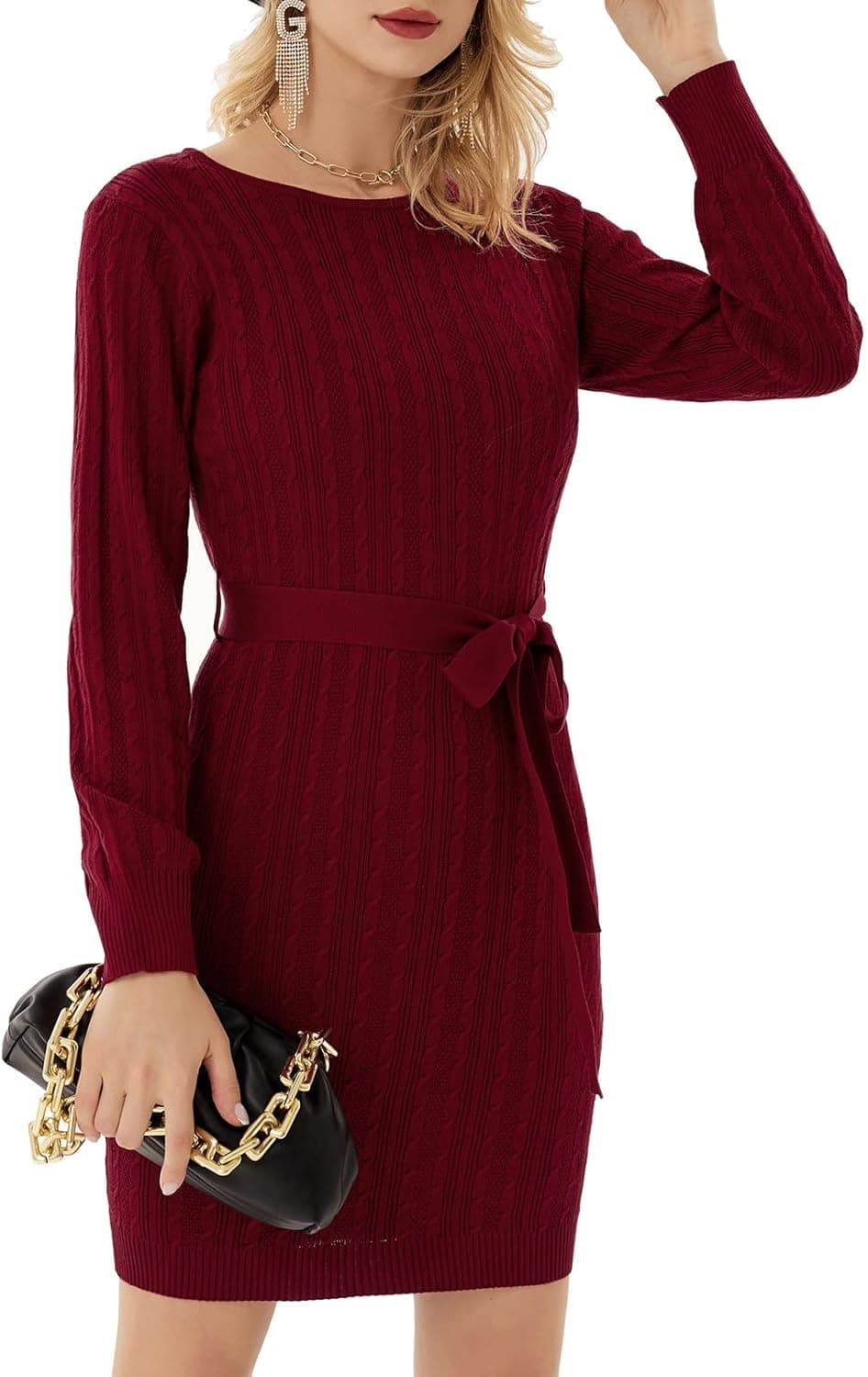 GRACE KARIN Womens Sweater Dress Knitted Mini Sweater Dress Long Sleeves Bodycon Dress Belted