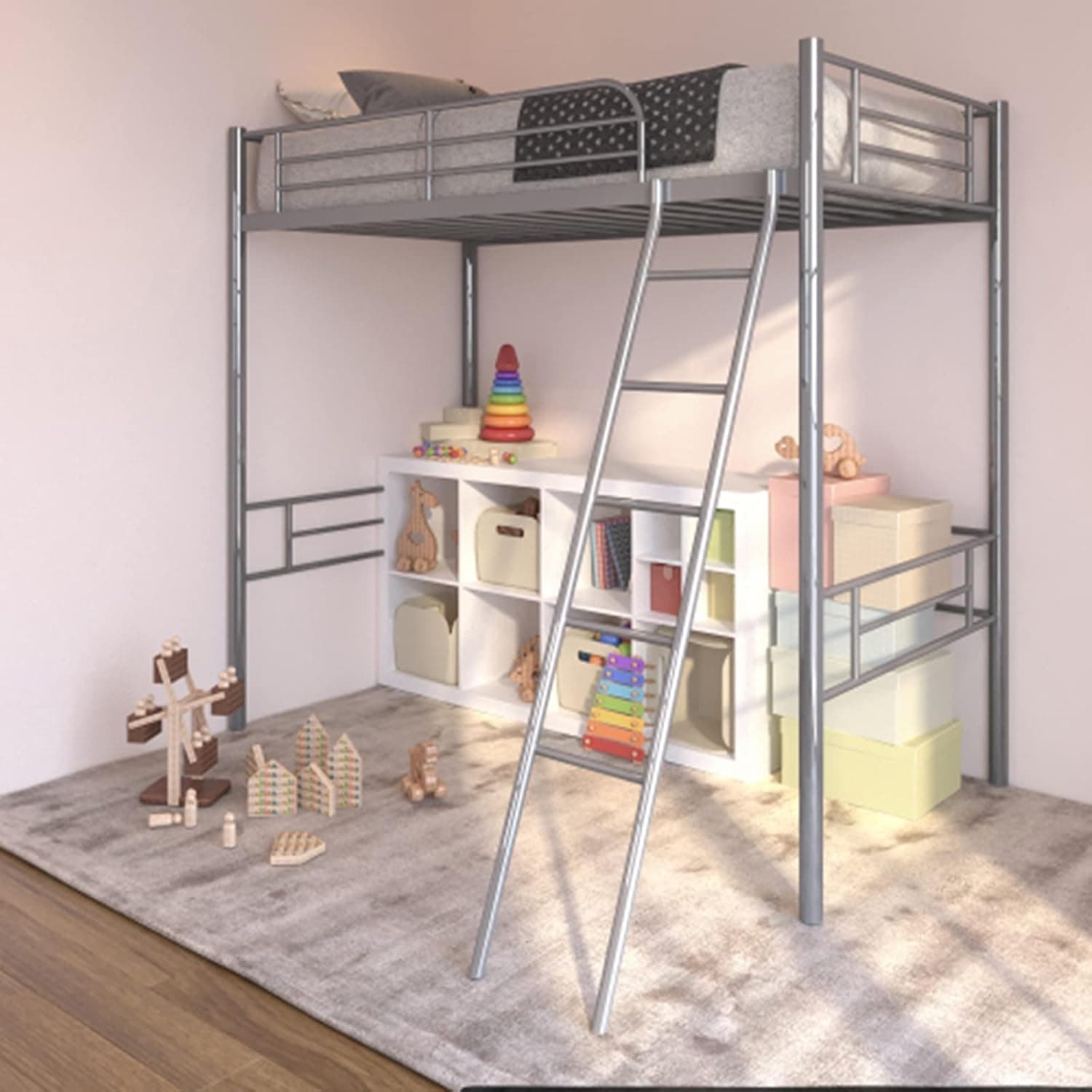 Metal Loft Bed Frame, Loft Bed Twin with Full Length Rails & Inclined Ladder, Twin Bed Frame with Large Space Design for Teens Adults, 12 Metal Slats for Great Support, No Spring Box Needed (Silver)