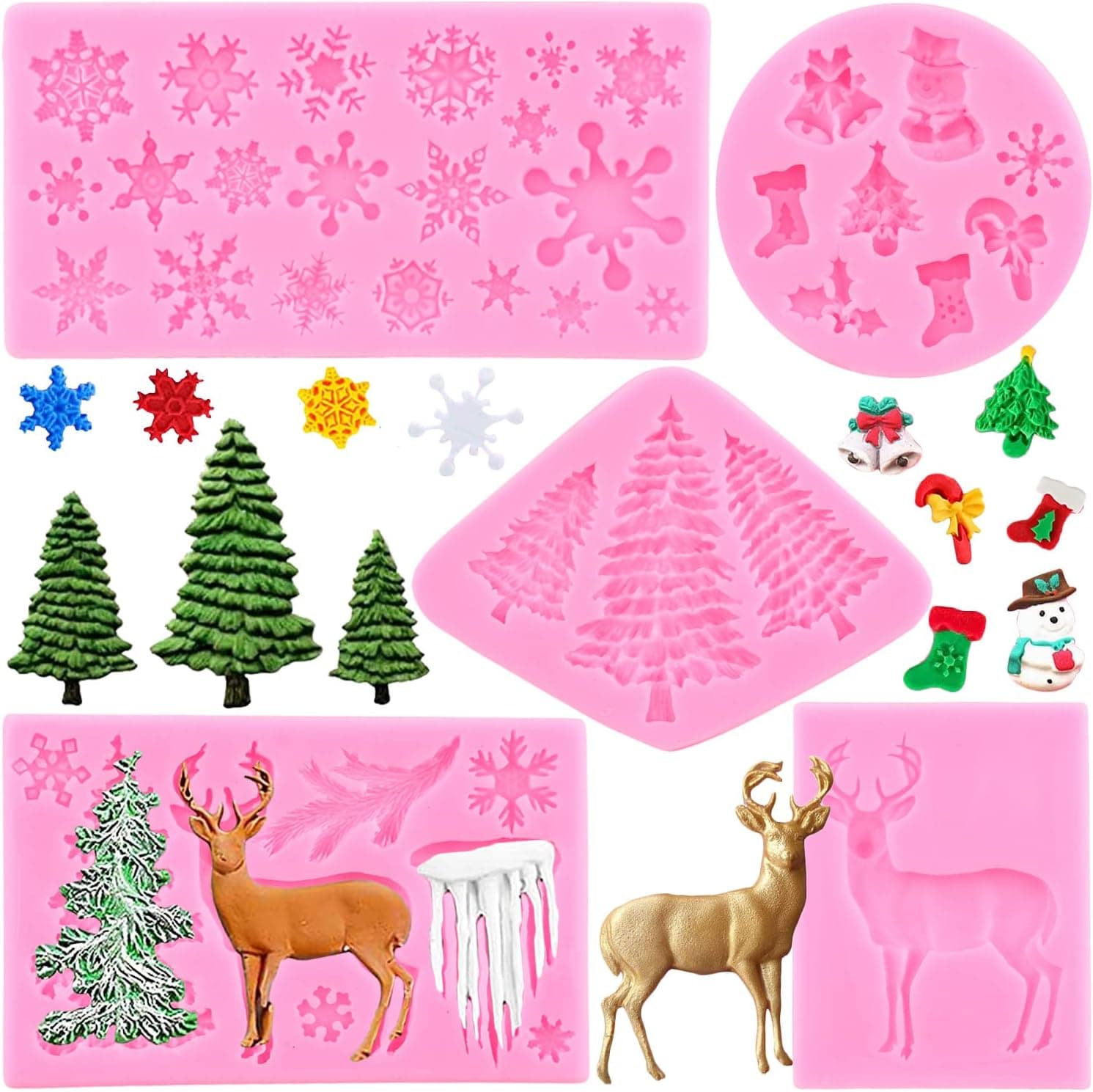Mujiang Christmas Cake Silicone Fondant Molds Christmas Tree Deer Snowflake Elk Frozen Party Mold For Cupcake Topper Decorating Tools Chocolate Candy Gum Paste Polymer Clay Resin Set Of 5
