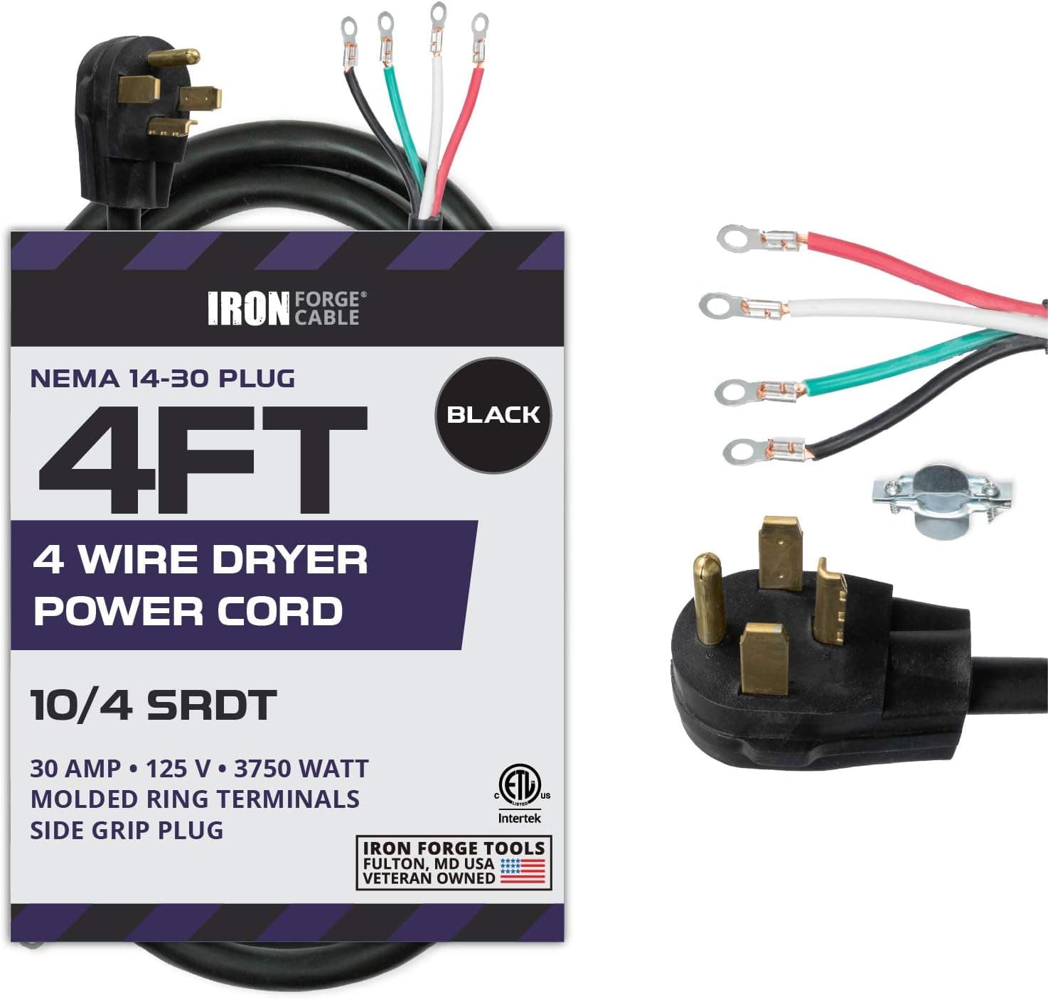 4 Prong Dryer Cord - 4 Ft Dryer Extension Cord Power Plug, 10/4 SRDT, 30 Amp, NEMA 14-30, Black
