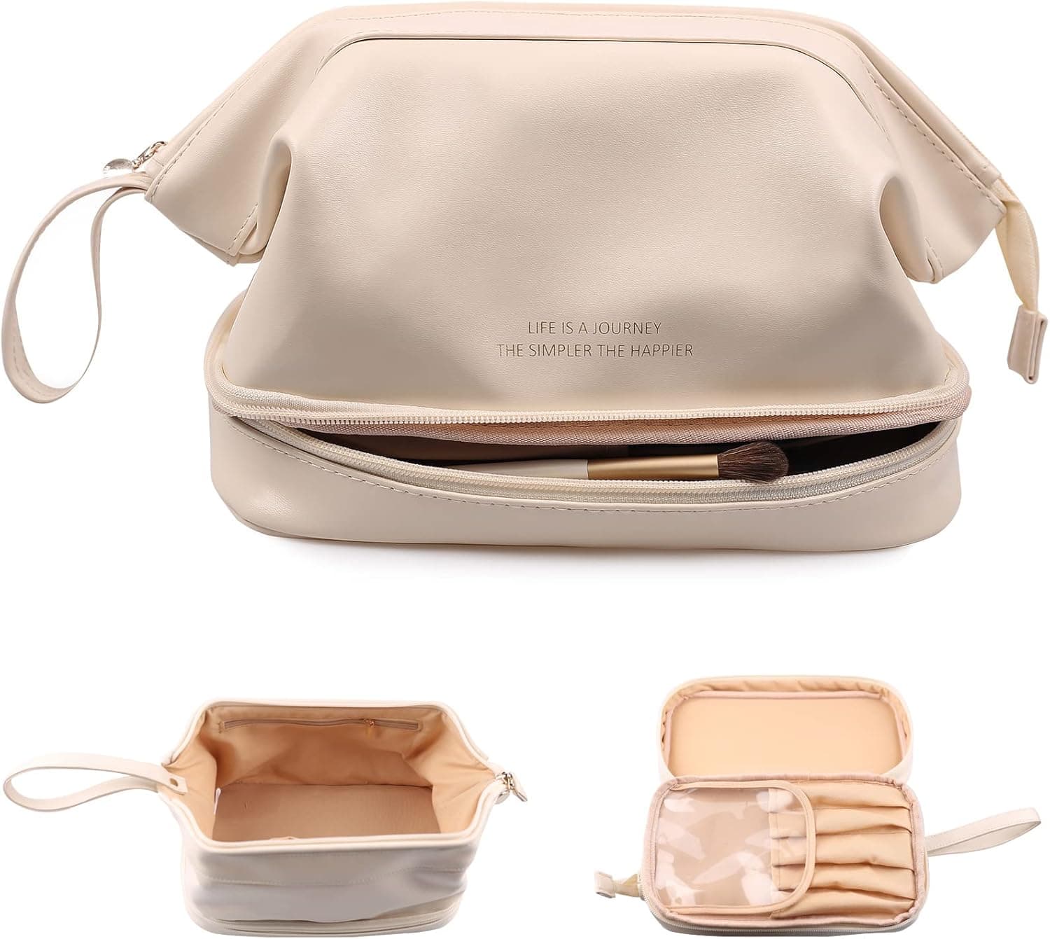 Abiudeng Makeup Bag,Double Layer Cosmetic Bag,Travel Makeup Bag,Leather Makeup Bag, Cosmetic Travel Bags,Portable Leather Toiletry Bag,Roomy Cosmetic Bag for Women and Girls.White
