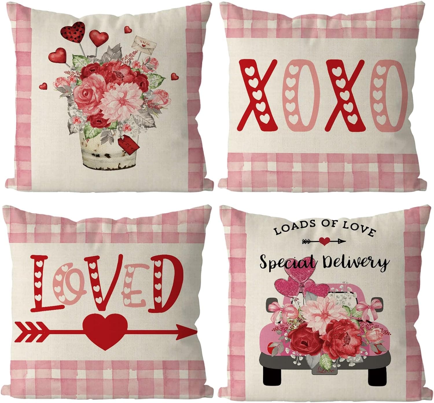 GAGEC Valentines Day Pillow Covers 18x18 Inch Set of 4 XOXO Love Heart Holiday Truck Flowers Farmhouse Sofa Throw Pillowcase Cushion Case Home Decoration Wedding Anniversary Decor