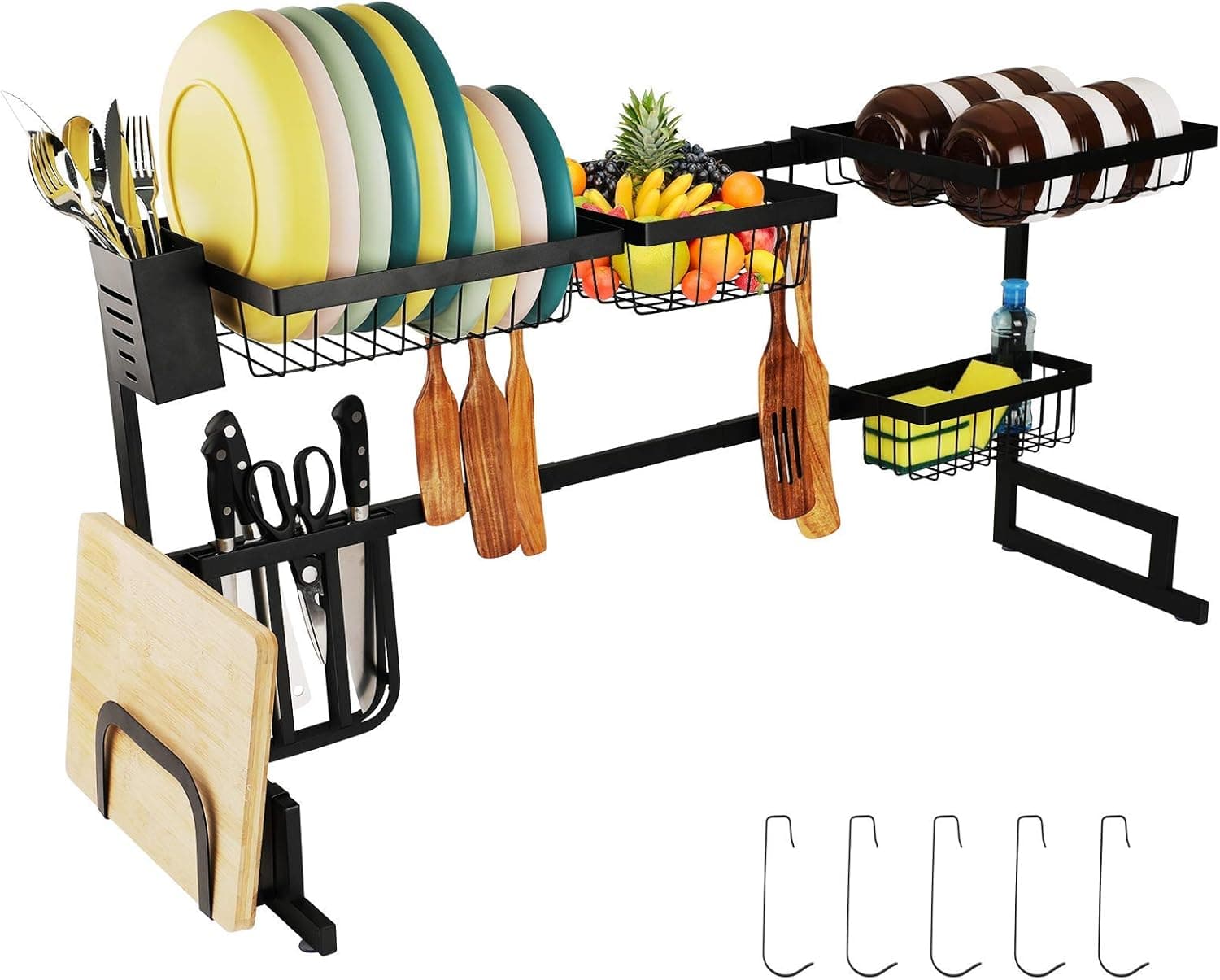 Naisicore Over The Sink Dish Drying Rack, Adjustable Dish Drainer for Home Kitchen Countertop Storage, Large 304 Stainless Steel Drainage Rack with 5 Utility Hooks (32 ≤ Sink Size ≤ 40 inch)