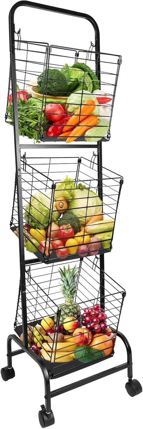 SHJADE Fruit Vegetable Storage Basket, 3 Tier Rolling Utility Kitchen Organizer Cart, Wire Storage Basket with Wheels, Shelf Rack for Kitchen, Pantry, Bathroom