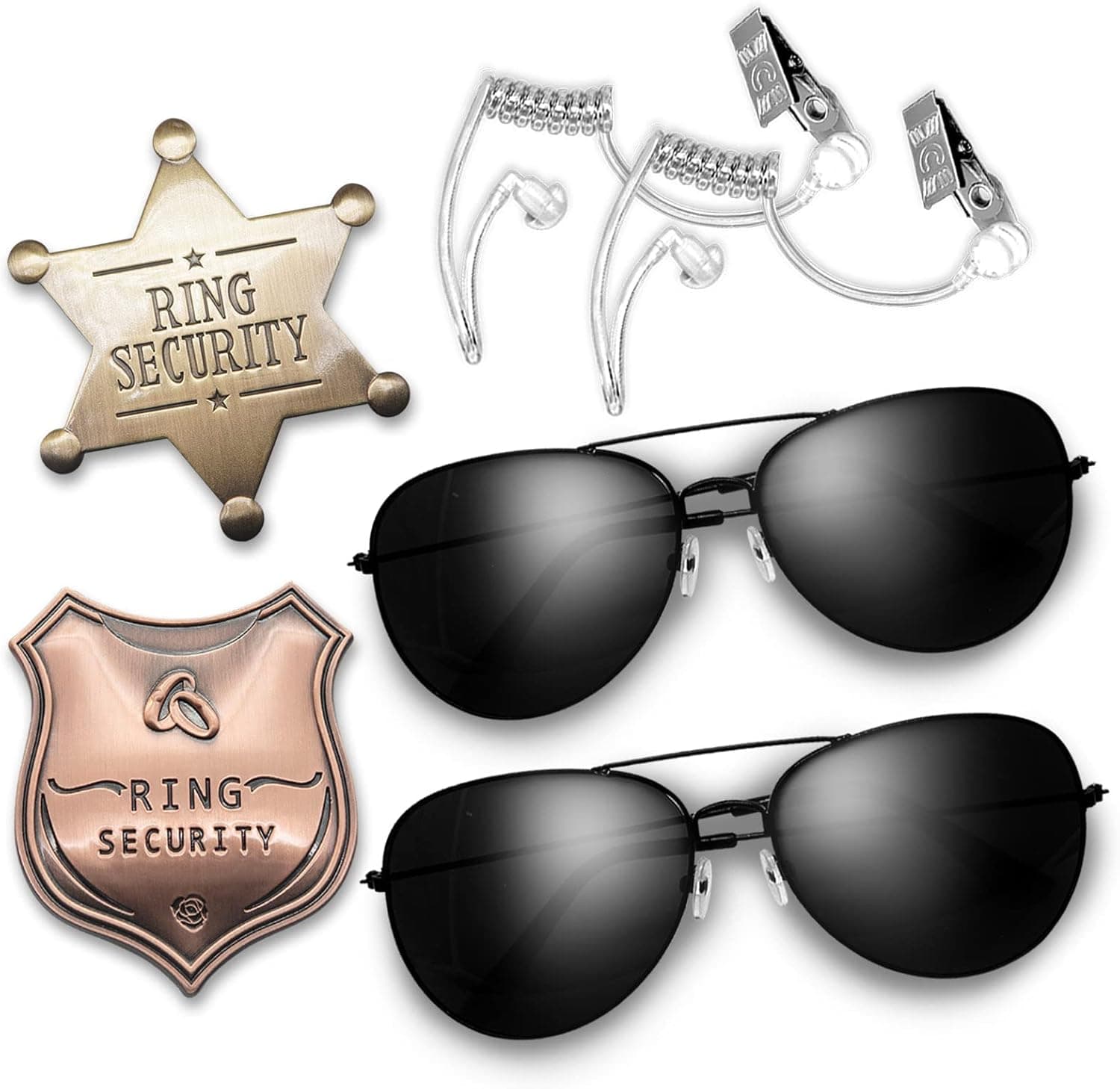CHIMUYU Ring Security Wedding Ring Bearer Gifts Secret Service Accessories Toys Police Spy FBI Cosplay Set Include 2 PCS Acoustic Earpiece Tube Headsets, 2 PCS Ring Security Badges, 2 PCS Ring Bearer Sunglasses