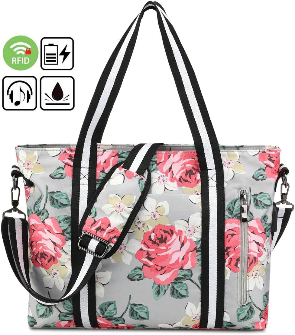 Laptop Tote Bag Women 15.6 Inch Work Handbag Floral Water Resistant RFID Anti Theft Shopping Shoulder Messenger Bag Girl Travel Fits Notebook, MacBook With USB Charging Port (15.6 Inch, A-Grey)