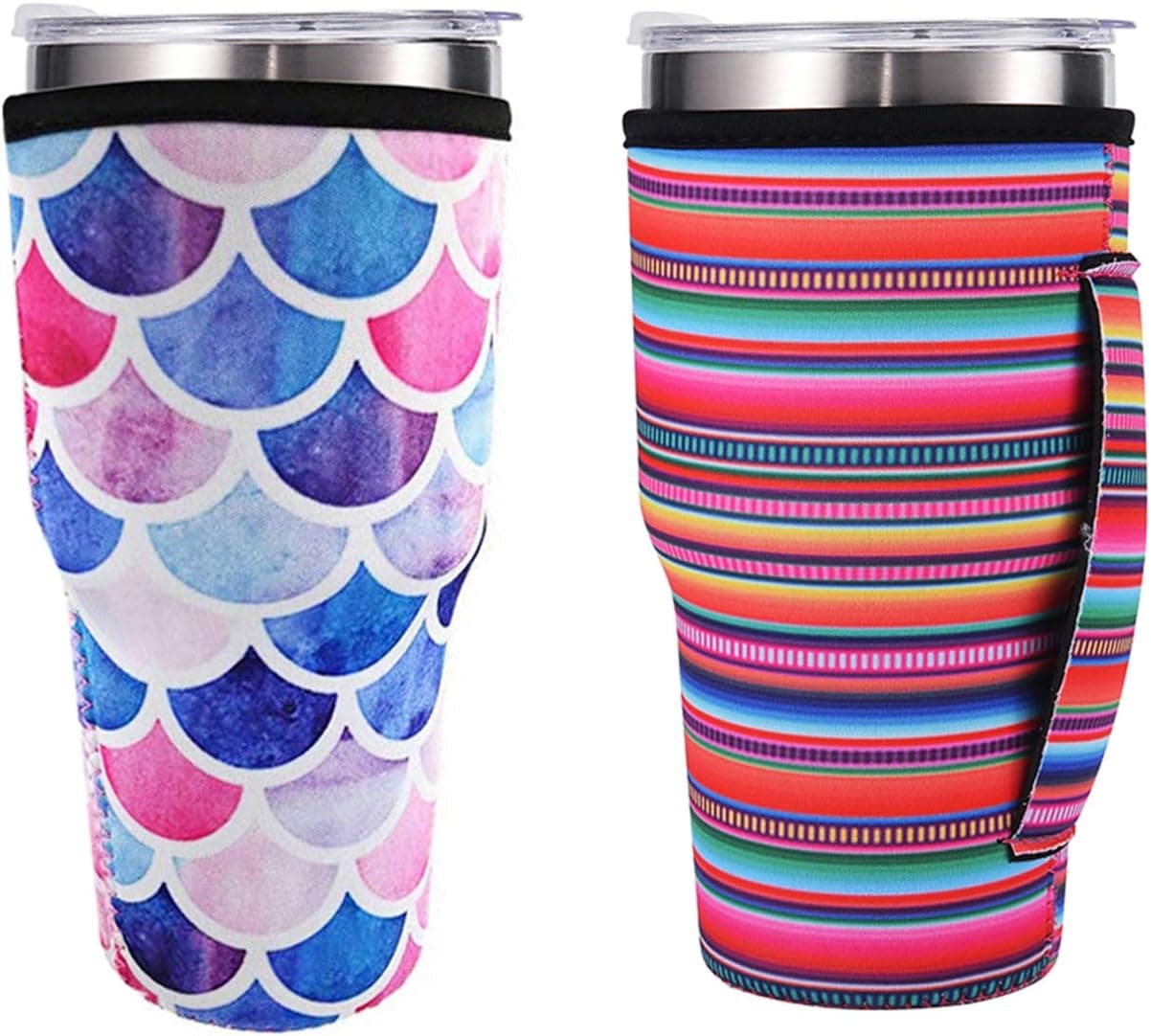 2PCS Reusable Iced Coffee Cup Sleeve, Neoprene Insulated Sleeves Cup Cover Holder for 30oz Tumbler Cup,Trenta Starbucks, Mermaid & Stripes Style