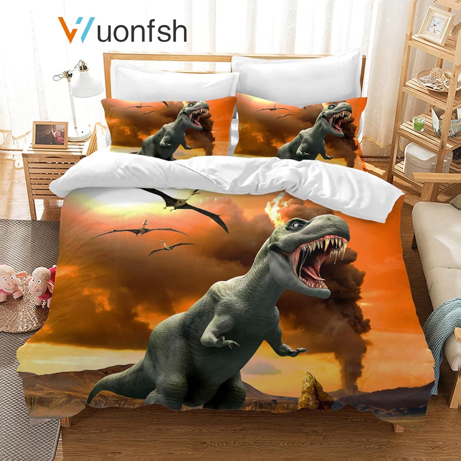Wuonfsh Dinosaur Bedding Set Microfiber Cartoon Duvet Cover Set Bedding with Dinosaur Print Animal Quilt Cover with 2 Pillowcase