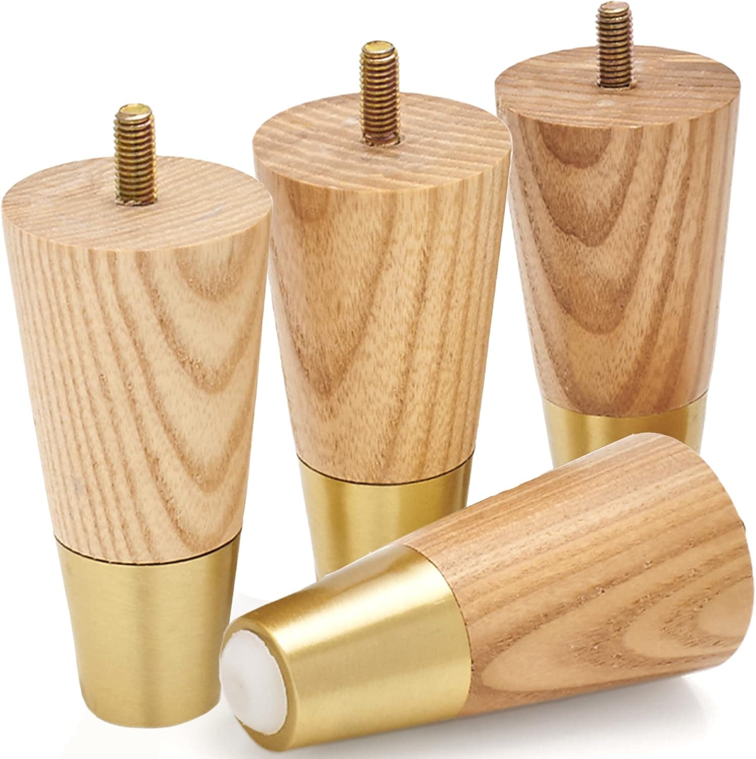 Ash Wood Furniture Legs With Gold Caps - Mid Century Legs For Sofa, Chair, Table, Dresser, Bed, Cabinet, Ottoman - Wooden Legs Are Easy To Install & Include Installation Hardware - Set of 4, 4 Inches