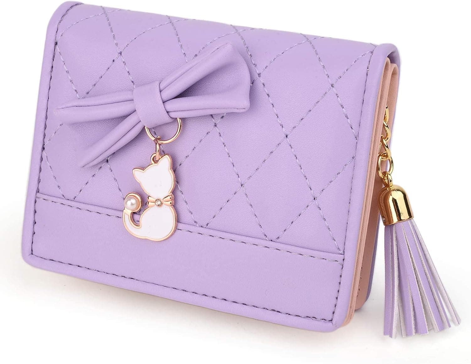 UTO Wallet for Girls Leather Vegan Cute Cat Pendant Card Holder Organizer Women Coin Purse
