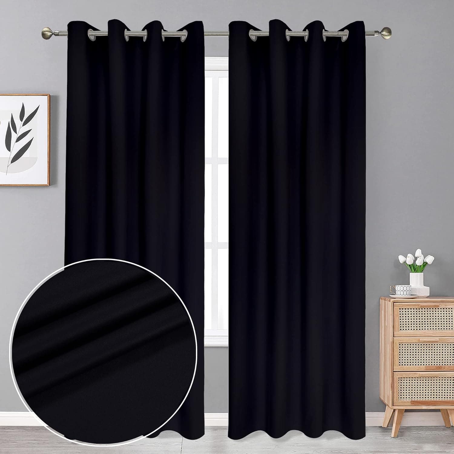 Chyhomenyc Satin 100% Room Darkening Curtains for Bedroom, Real Blackout Curtains Window Treatment, Thermal Insulated Sound Blocking Energy Saving Grommet Curtains for Living Room, 52" Wx84 L, Black