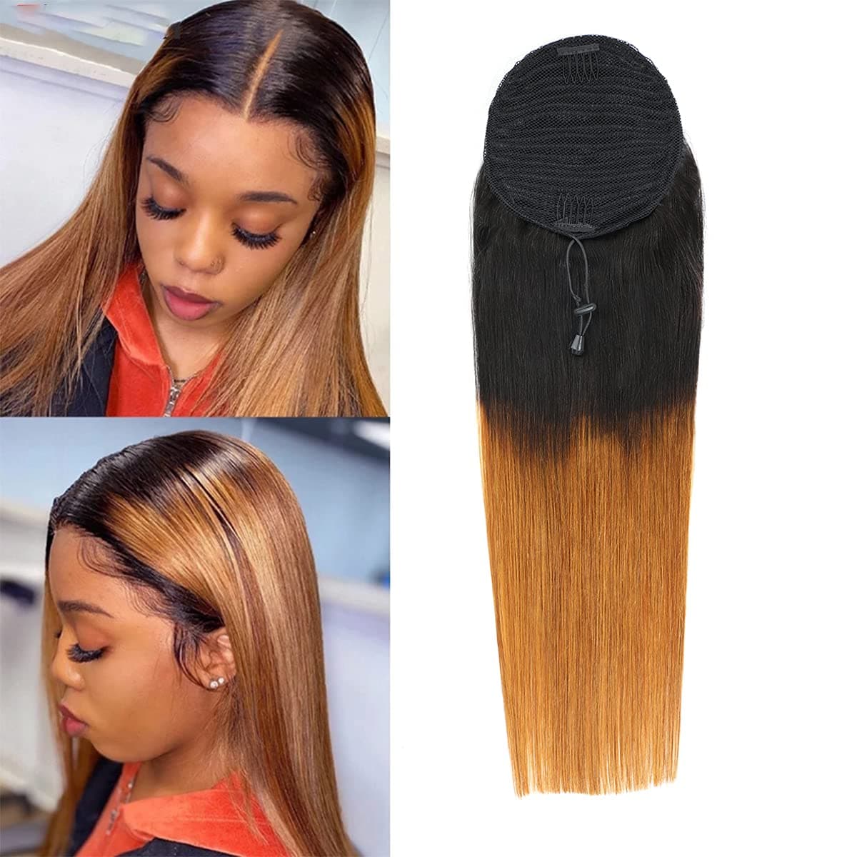 Feelgrace Straight Human Hair Ponytail Extension 1B 30 Drawstring Straight Ponytail Hair 100% Virgin Brazilian Hair Remy Hair Clip in Straight Ponytail Hairpiece for Black Women 16 Inch