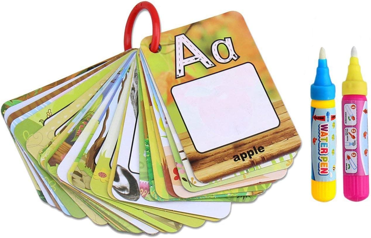 Water Reveal Word Cards Water Drawing Doodle Card Book Paint with Water Reusable No Chemicals No Mess Doodle Pad Word Flash Cards Educational Toy for Kids,2 Magic Pen Included,26 Pieces Cards,Gift Box